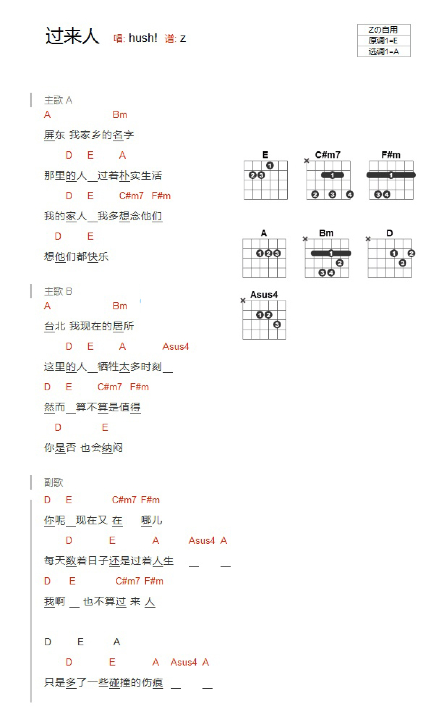 Hush《过来人》吉他谱_A调吉他弹唱谱_和弦谱第1张