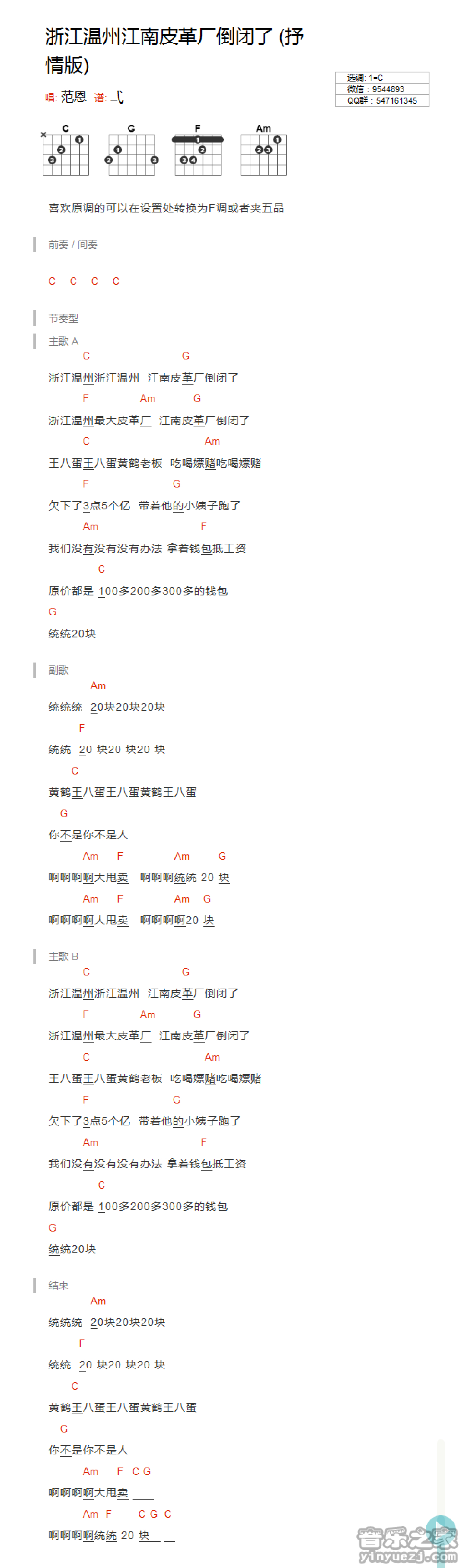 《浙江温州江南皮革厂倒闭了》吉他谱_C调吉他弹唱谱_和弦谱第1张