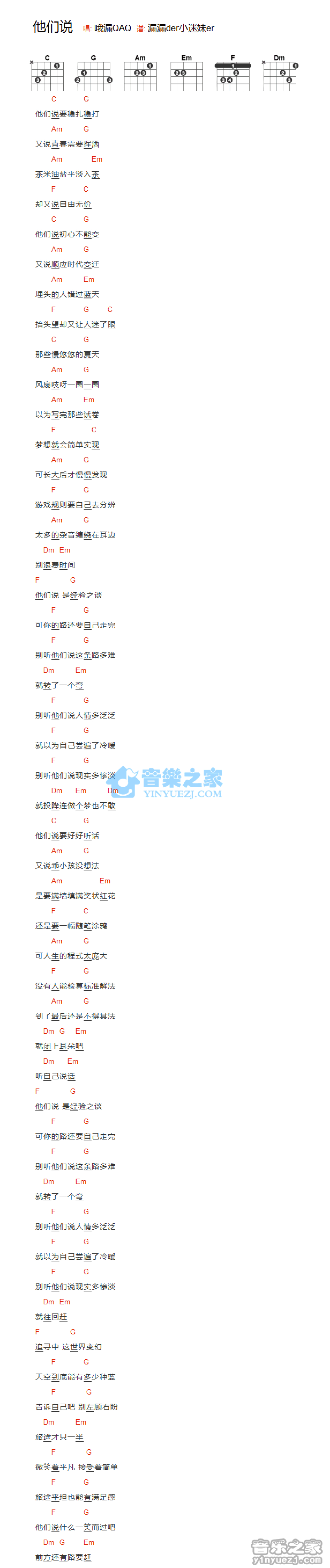 哦漏QAQ《他们说》吉他谱_C调吉他弹唱谱_和弦谱第1张