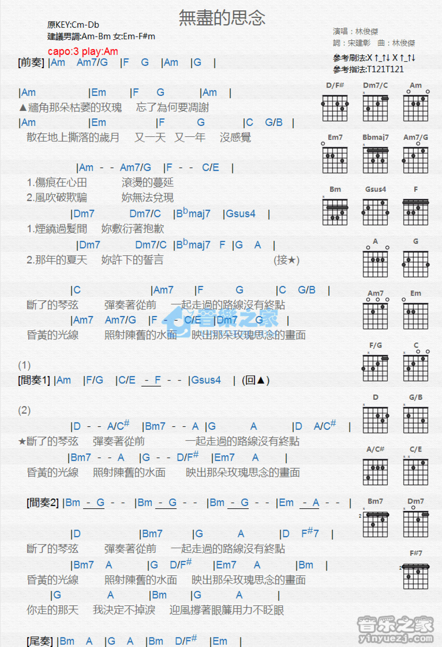 林俊杰《无尽的思念》吉他谱_A调吉他弹唱谱_和弦谱第1张