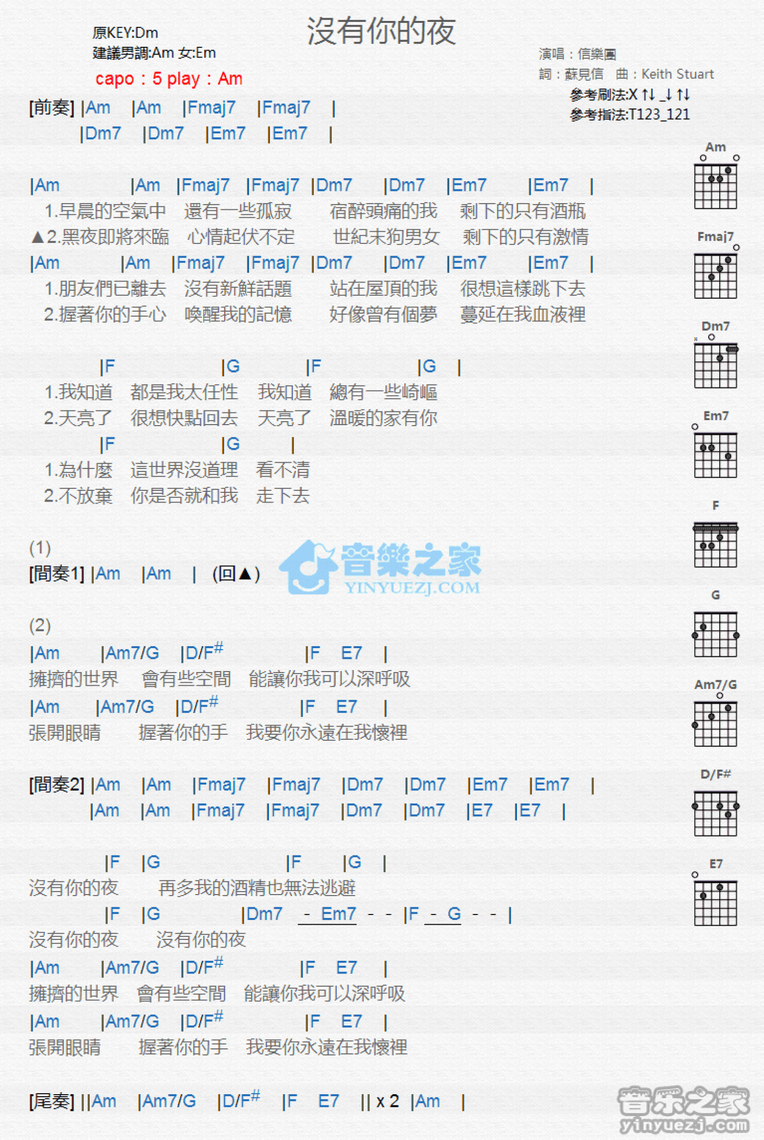 信乐团《没有你的夜》吉他谱_C调吉他弹唱谱_和弦谱第1张