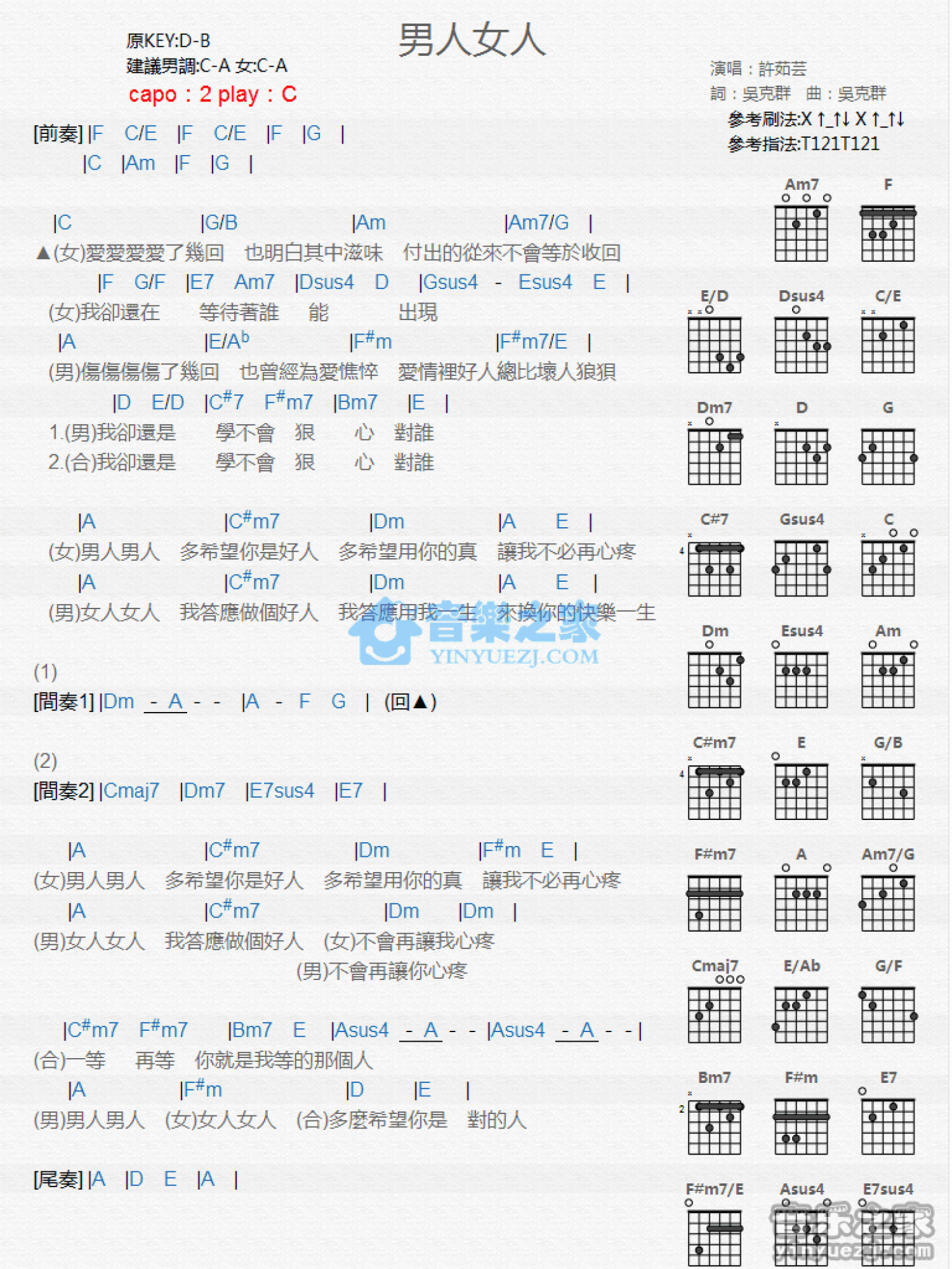 许茹芸《男人女人》吉他谱_C调吉他弹唱谱_和弦谱第1张