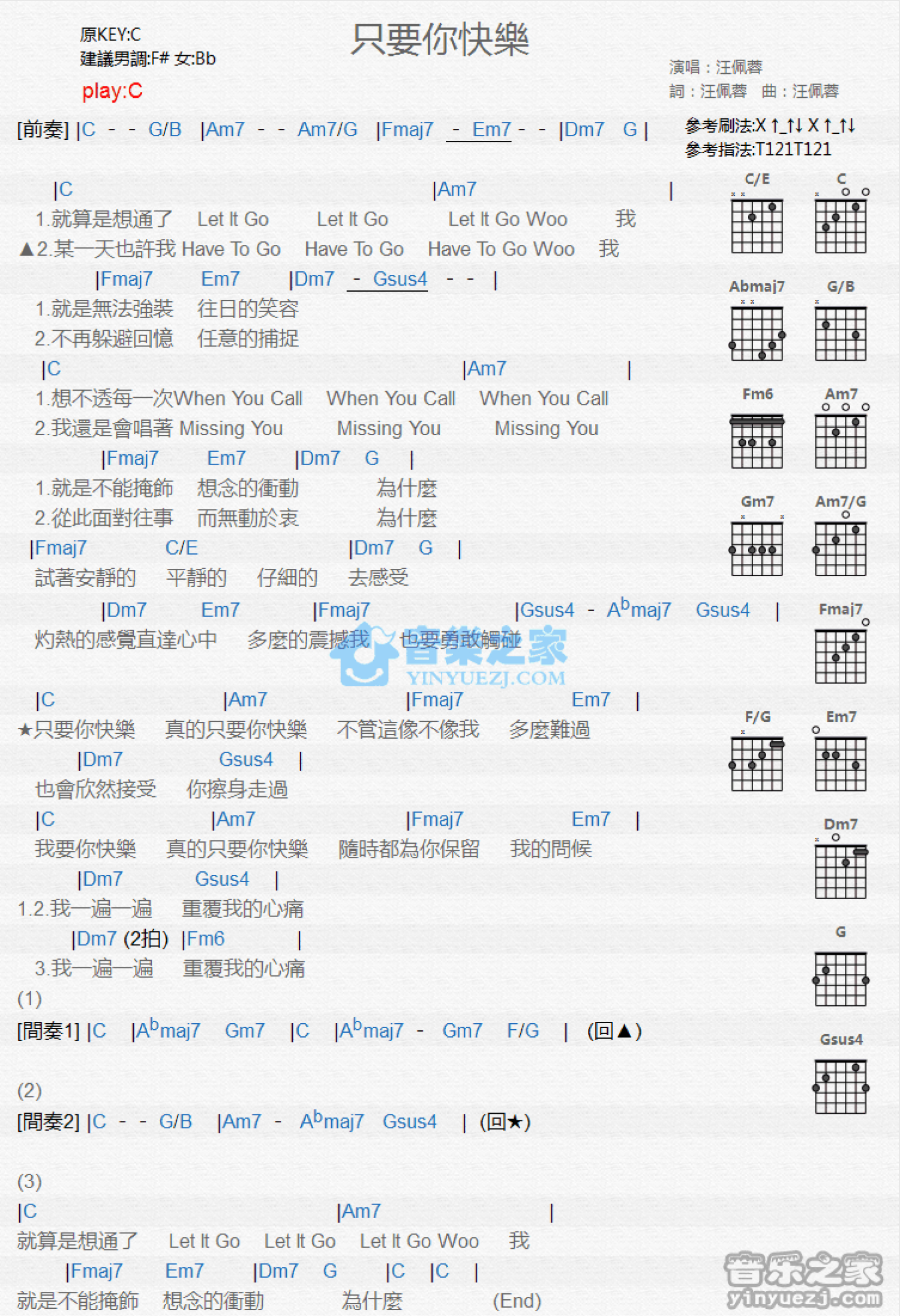 江佩蓉《只要你快乐》吉他谱_C调吉他弹唱谱_和弦谱第1张