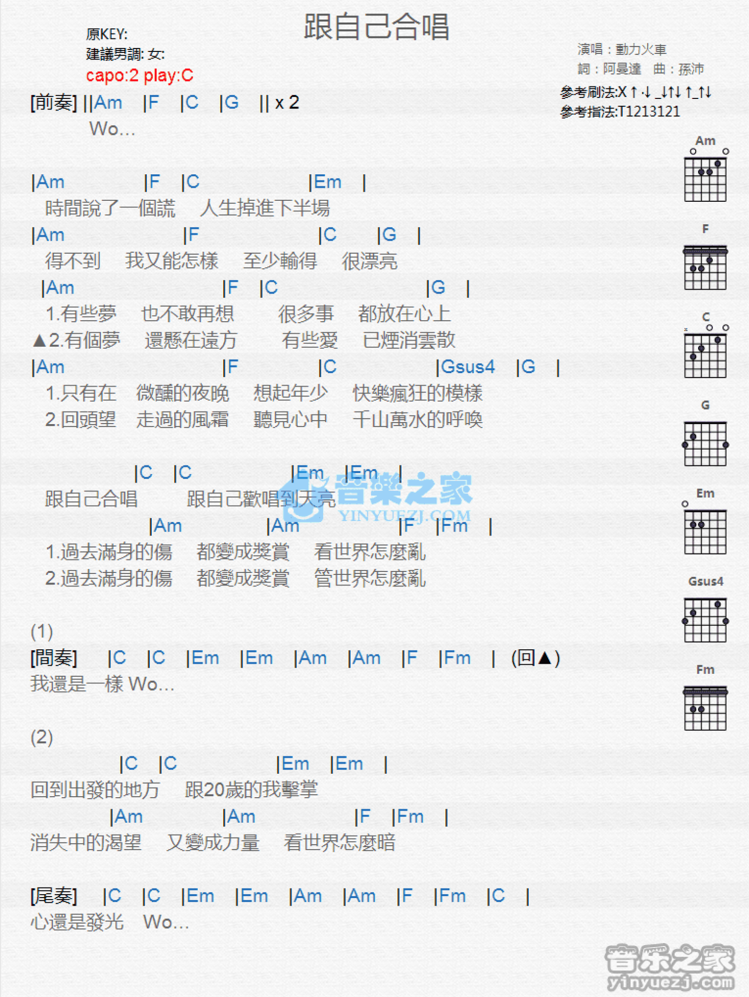 动力火车《跟自己合唱》吉他谱_C调吉他弹唱谱_和弦谱第1张