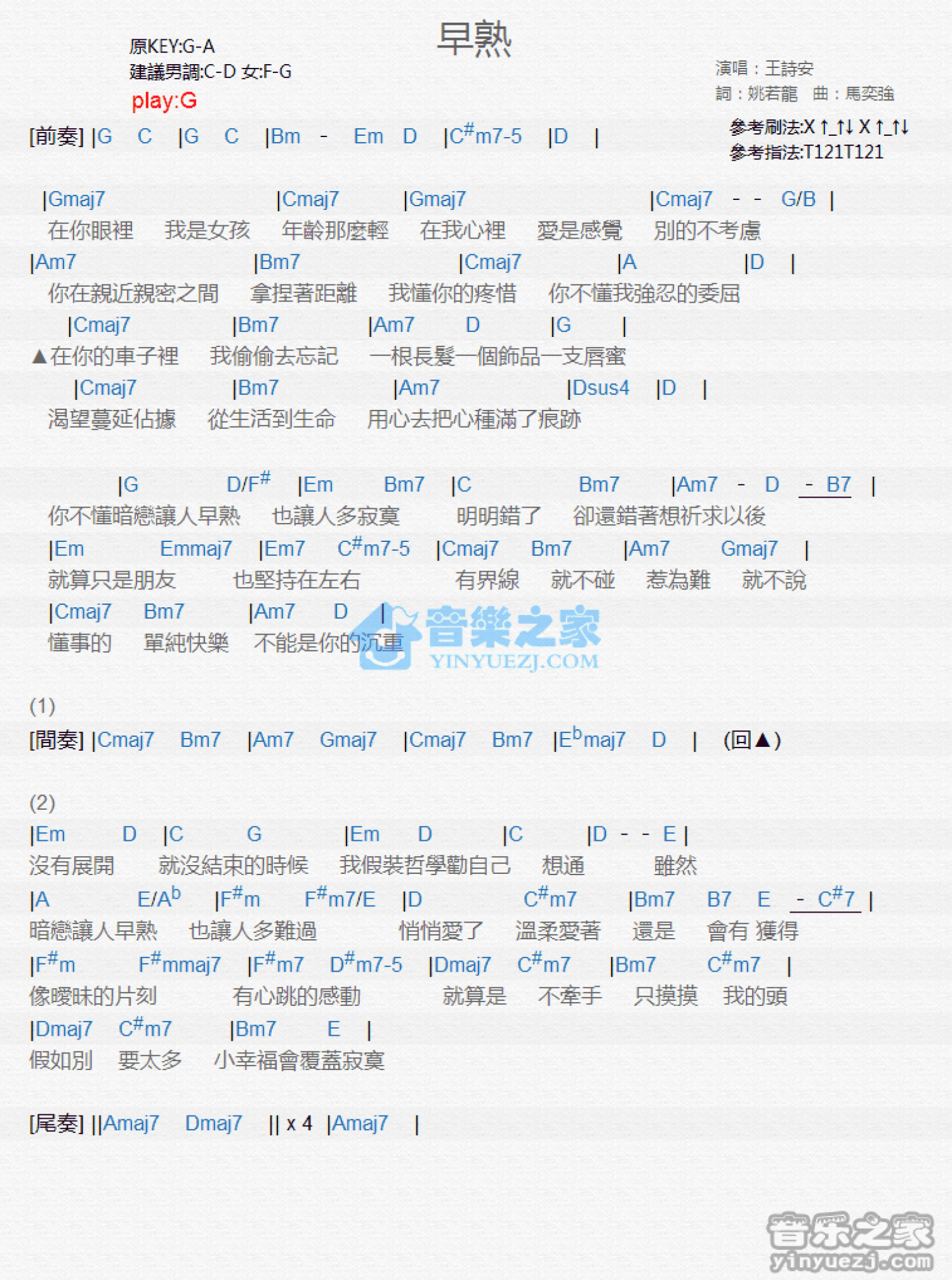 王诗安《早熟》吉他谱_G调吉他弹唱谱_和弦谱第1张