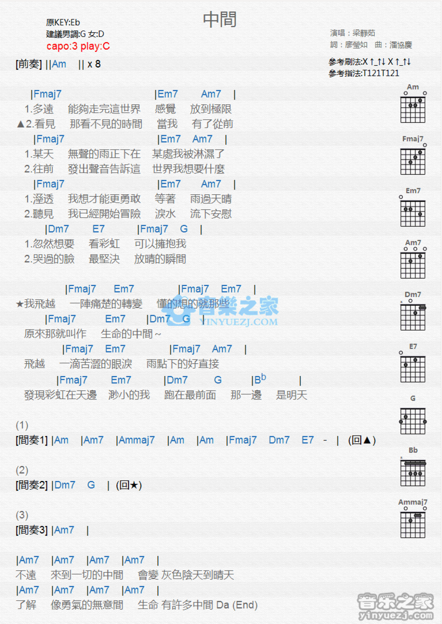 梁静茹《中间》吉他谱_C调吉他弹唱谱_和弦谱第1张