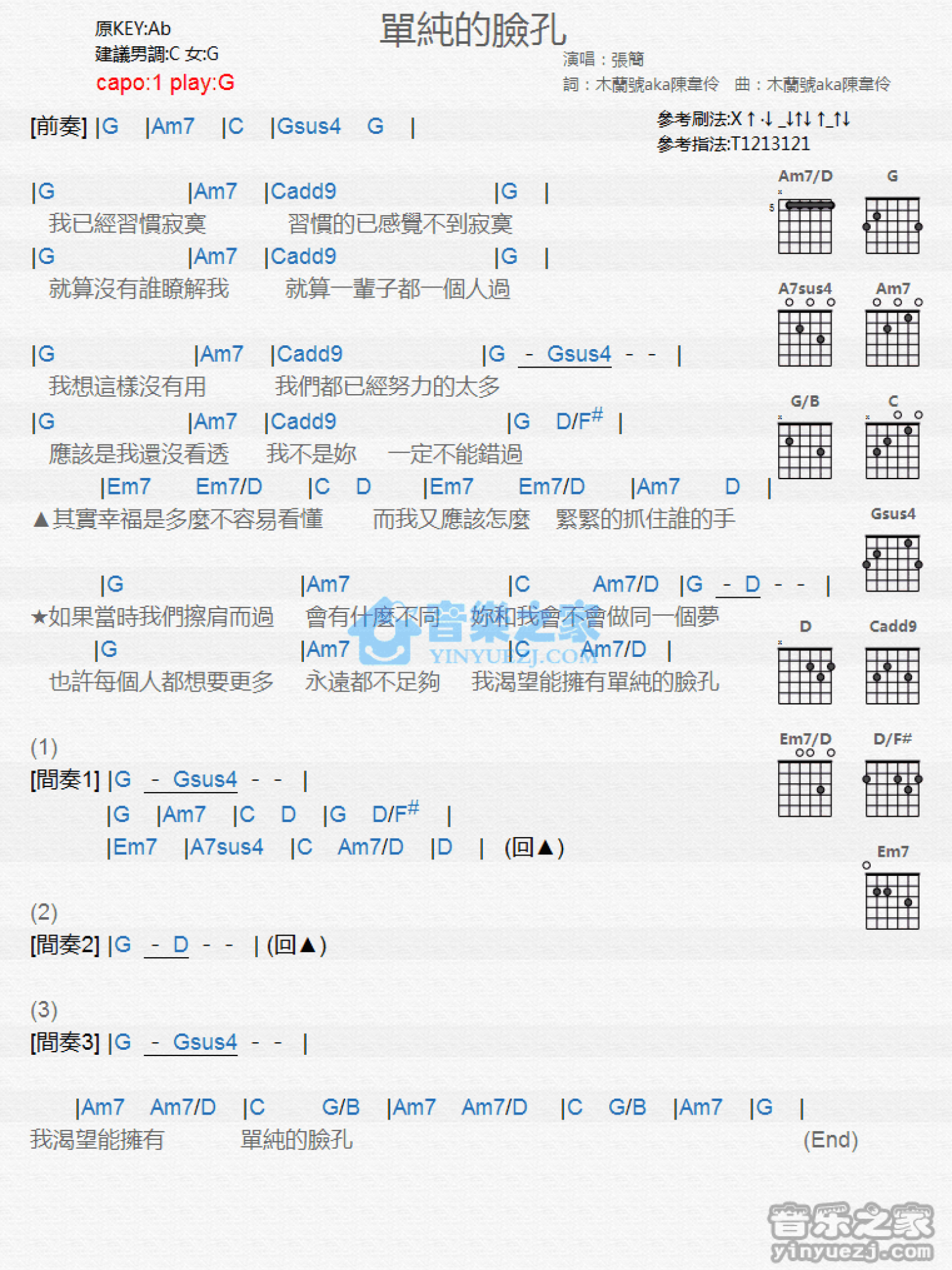 张简《单纯的脸孔》吉他谱_G调吉他弹唱谱_和弦谱第1张