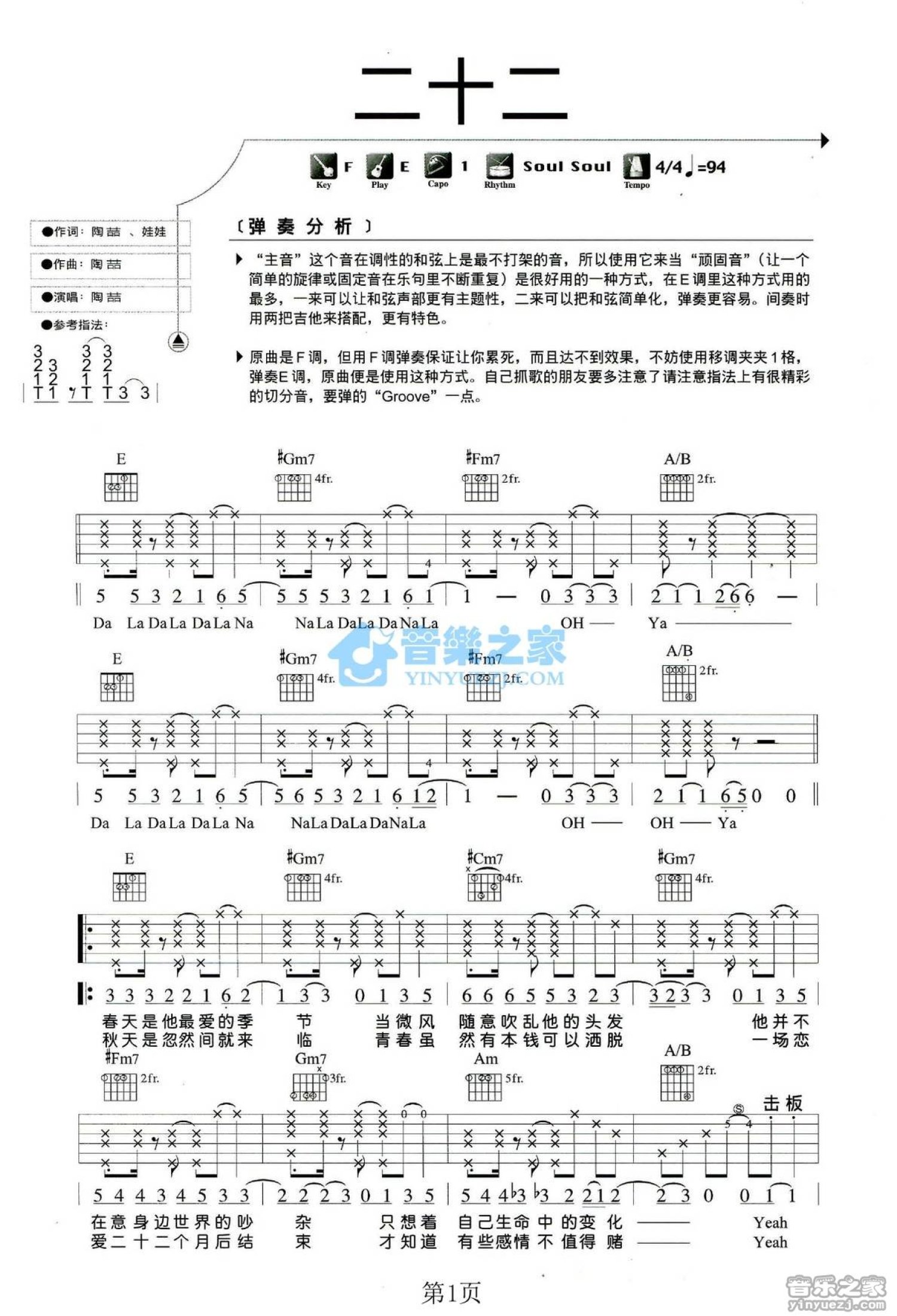 陶喆《E调版 陶喆抖芳咂》吉他谱_E调吉他弹唱谱第1张