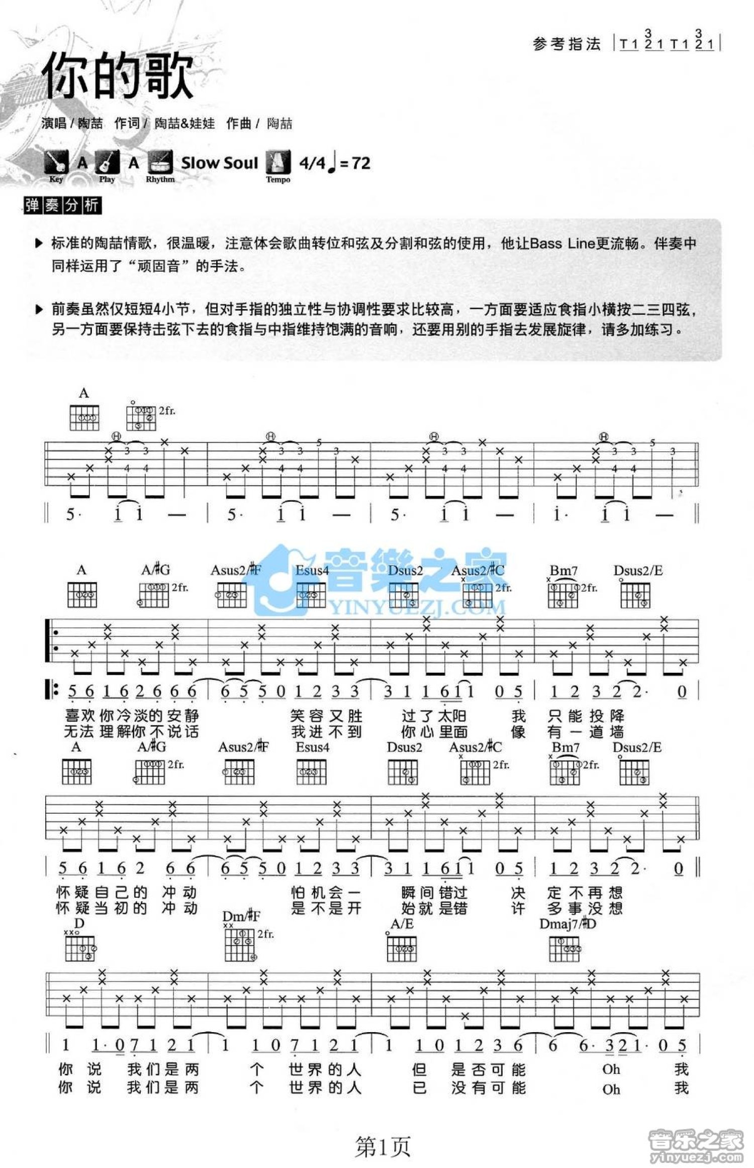 陶喆《A调版 陶础赌愕母琛芳咂》吉他谱_A调吉他弹唱谱第1张