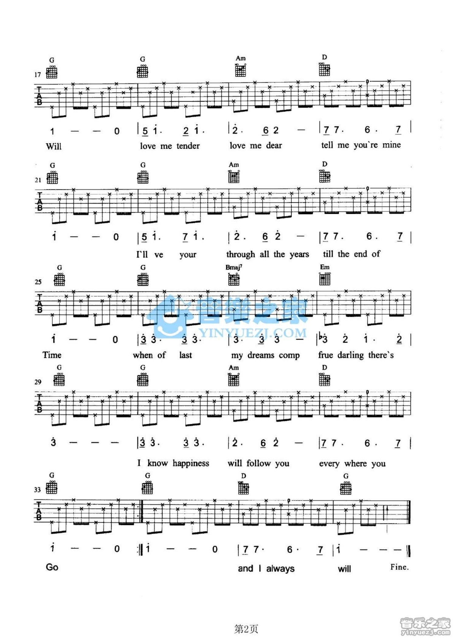 艾尔维斯《Love Me Tender》吉他谱_G调吉他弹唱谱第2张