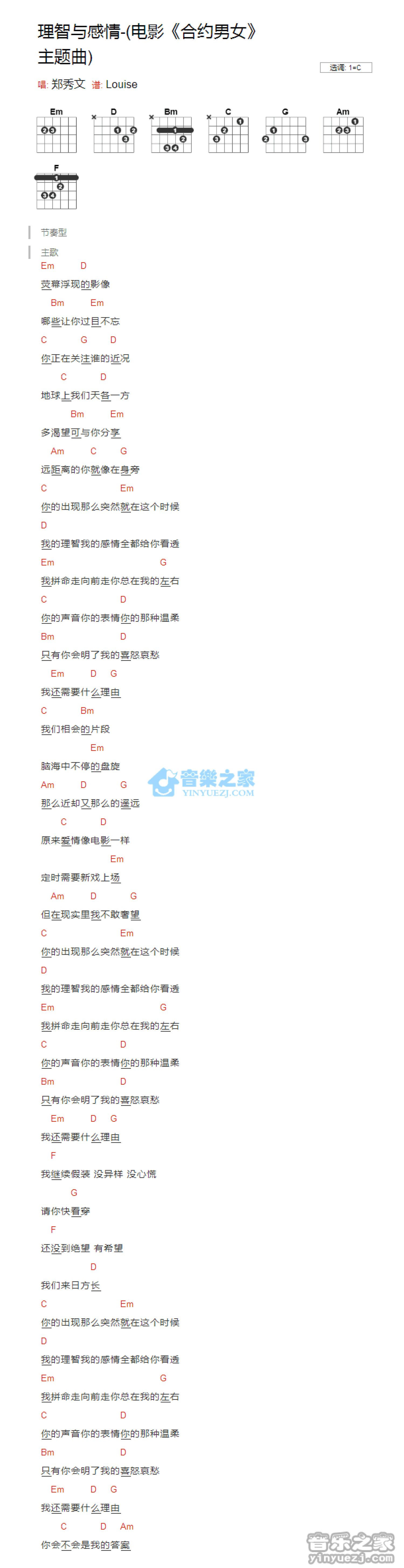 郑秀文《理智与情感》吉他谱_C调吉他弹唱谱_和弦谱第1张