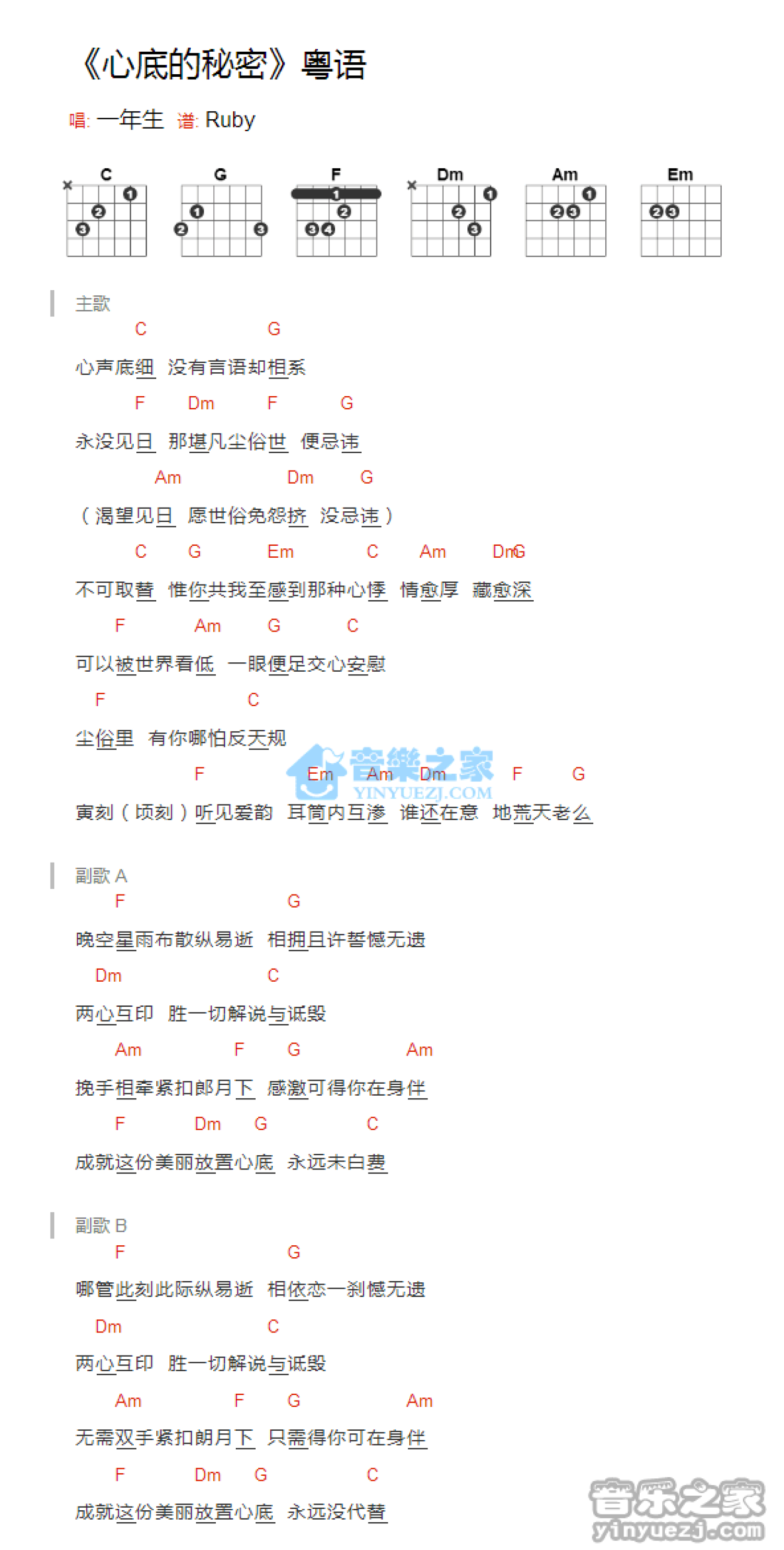 一年生《心底的秘密》吉他谱_吉他弹唱谱_和弦谱第1张