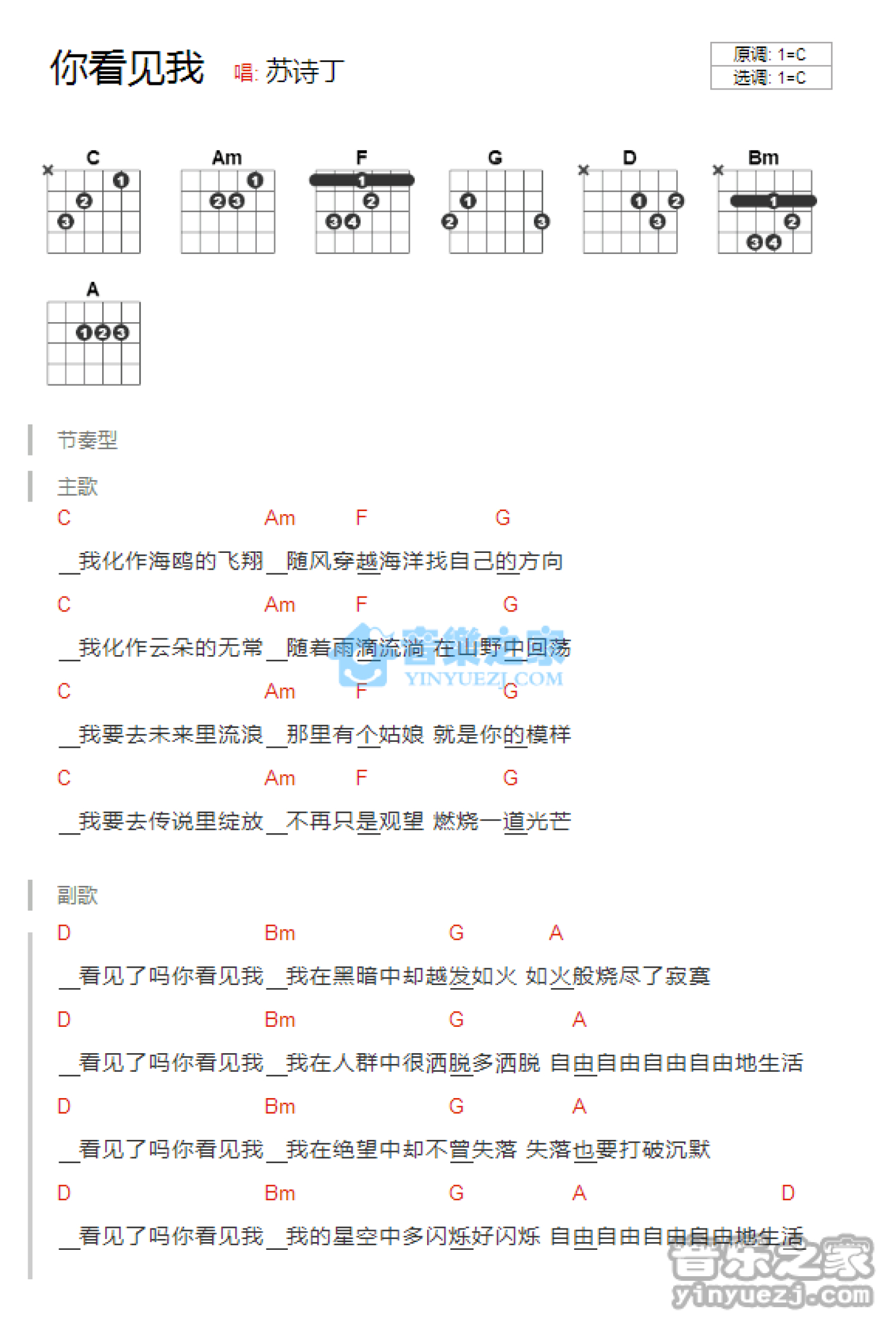 苏诗丁《你看见我》吉他谱_C调吉他弹唱谱_和弦谱第1张