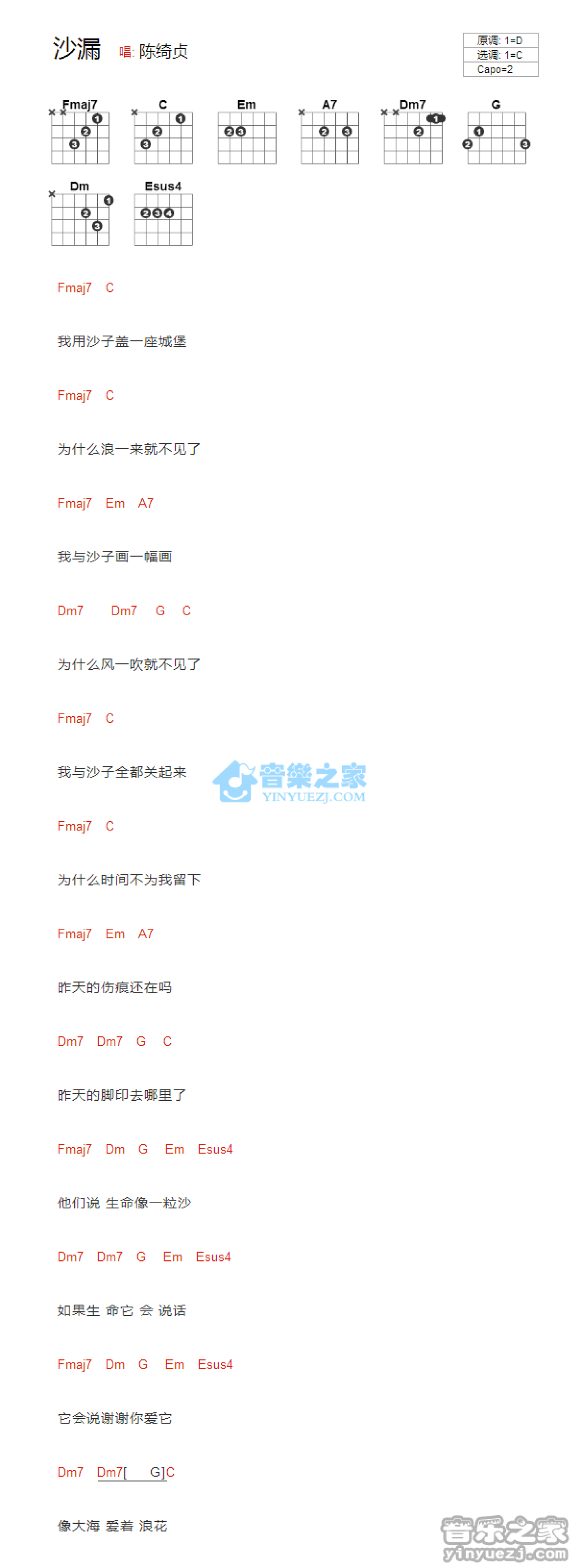 陈绮贞《沙漏》吉他谱_C调吉他弹唱谱_和弦谱第1张