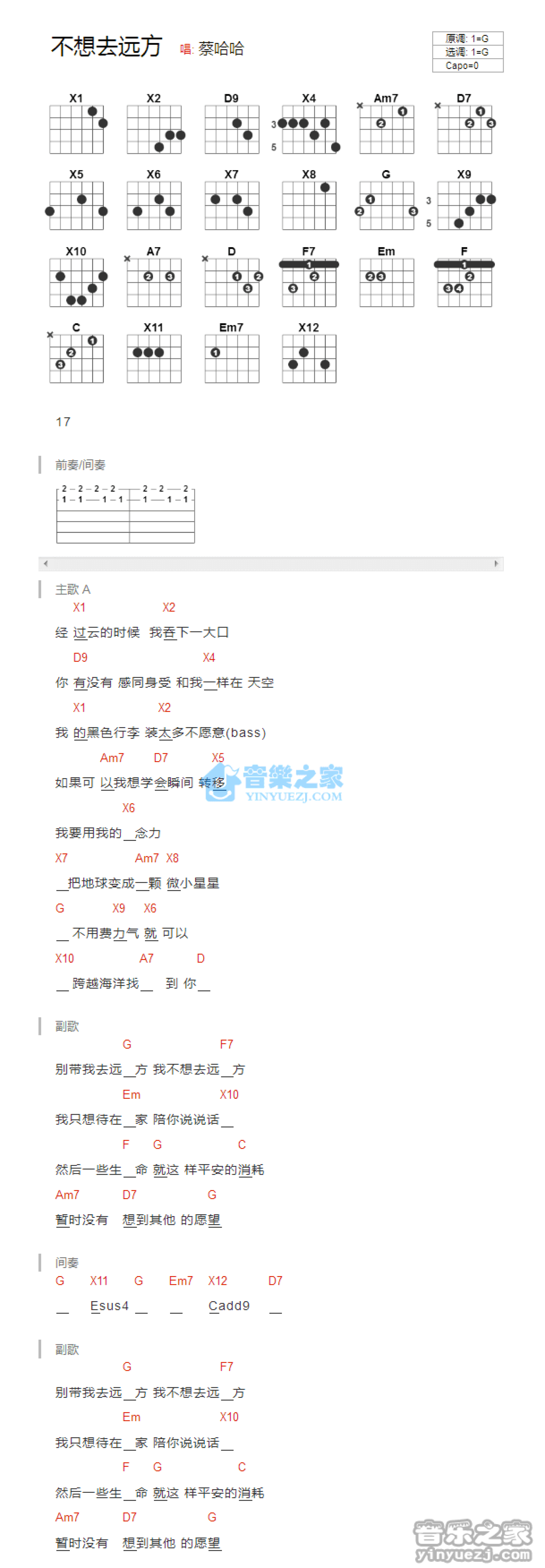 卢广仲《不想去远方》吉他谱_G调吉他弹唱谱_和弦谱第1张