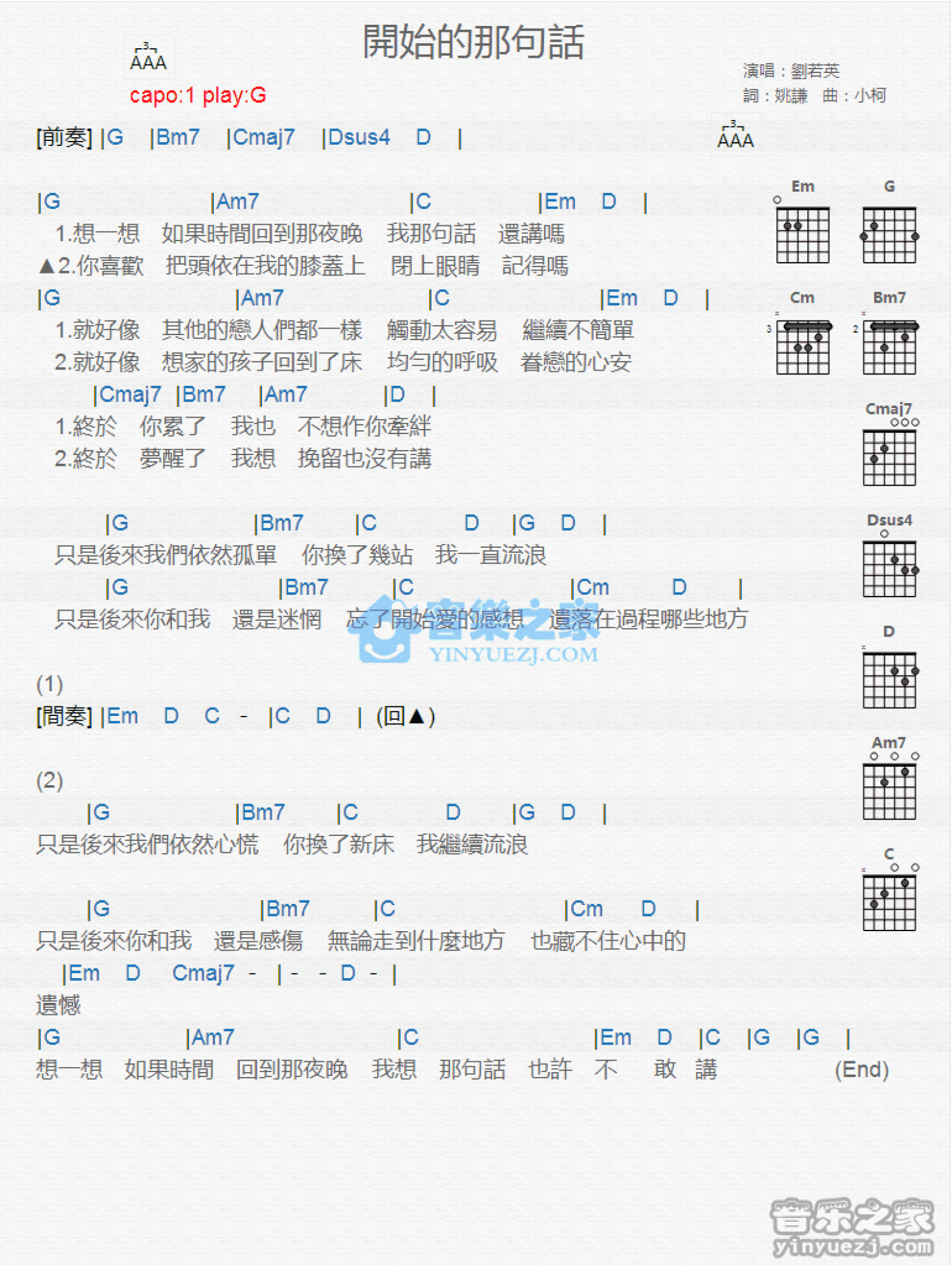 刘若英《开始的那句话》吉他谱_G调吉他弹唱谱_和弦谱第1张