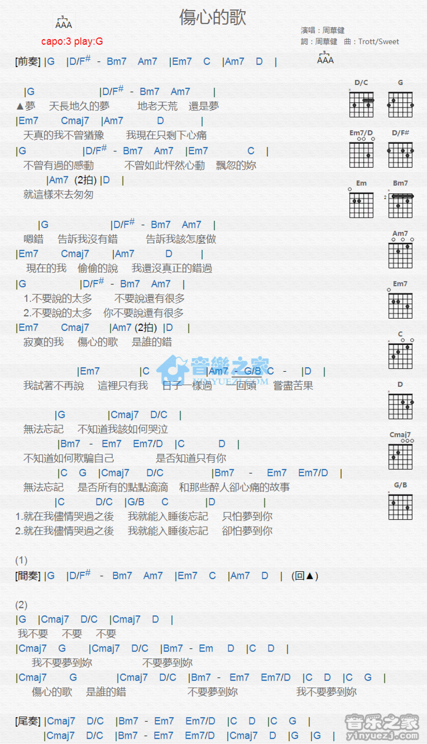 周华健《伤心的歌》吉他谱_G调吉他弹唱谱_和弦谱第1张