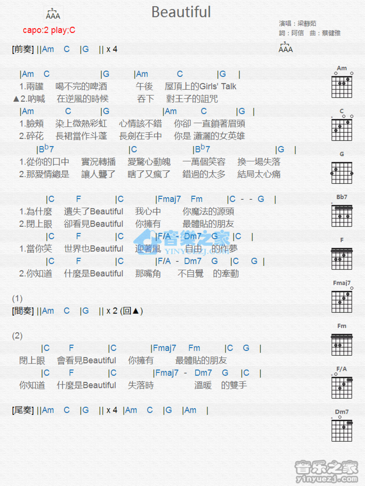 梁静茹《Beautiful》吉他谱_C调吉他弹唱谱_和弦谱第1张