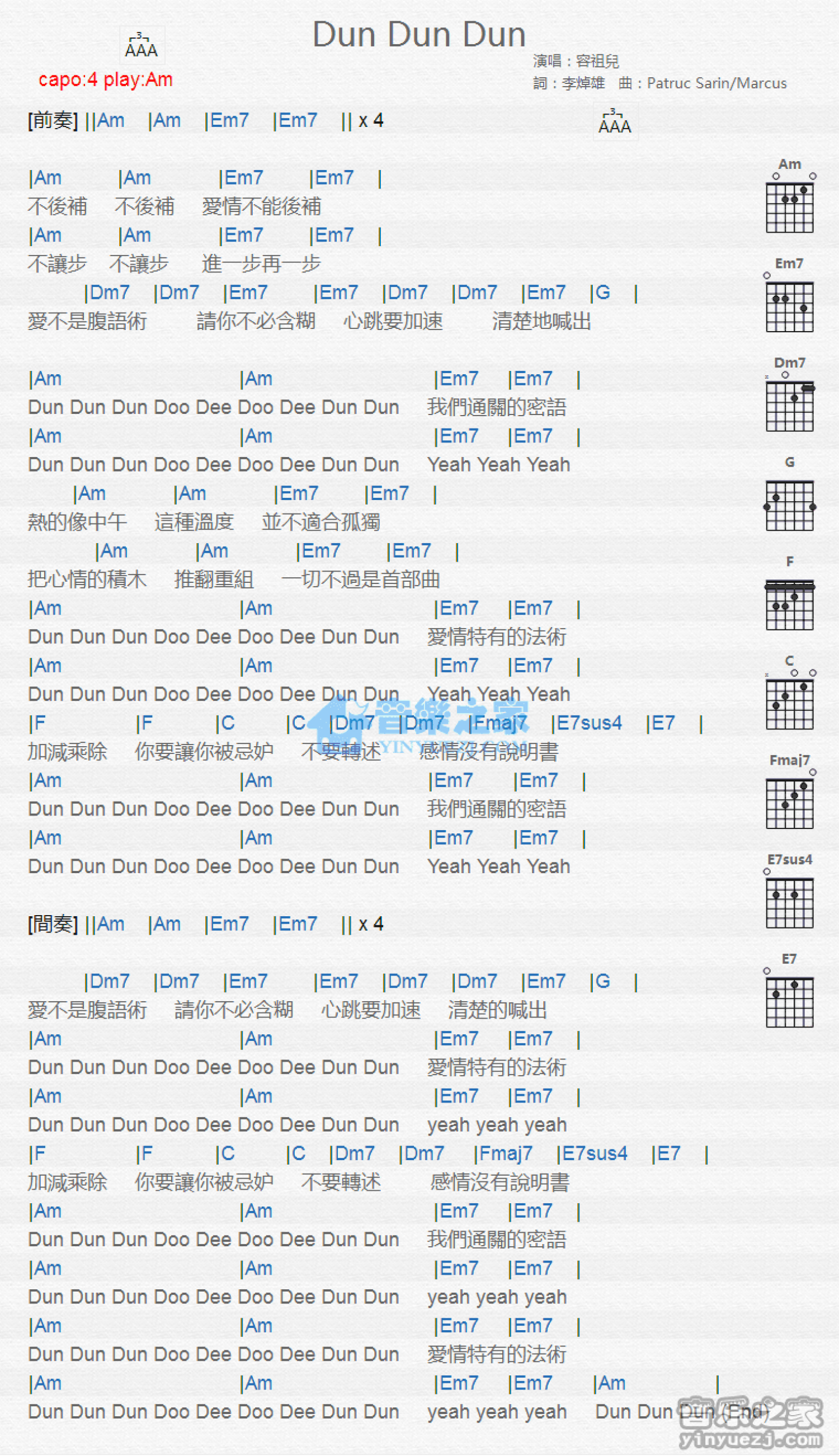 容祖儿《Dun Dun Dun》吉他谱_A调吉他弹唱谱_和弦谱第1张