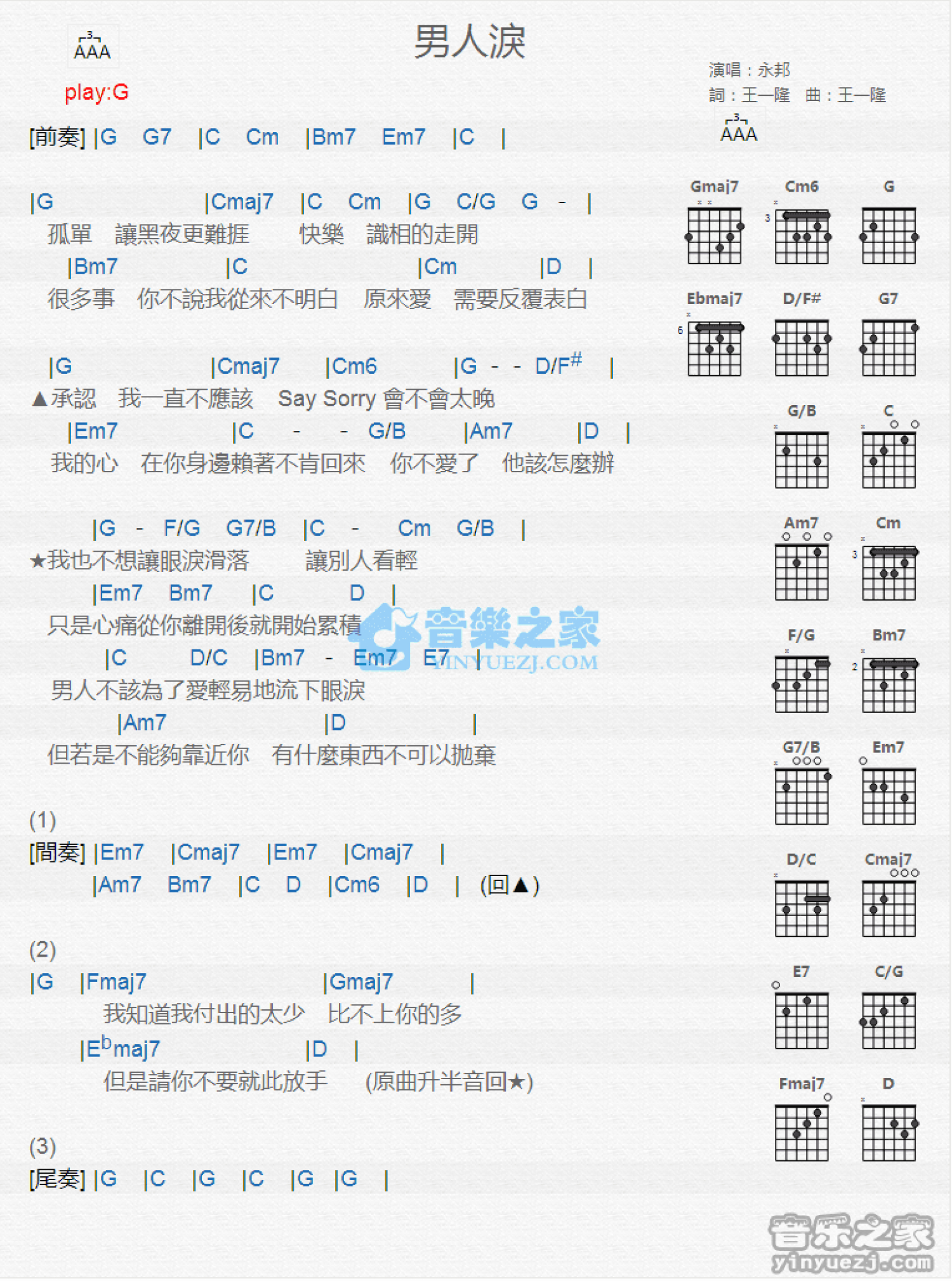 永邦《男人泪》吉他谱_G调吉他弹唱谱_和弦谱第1张