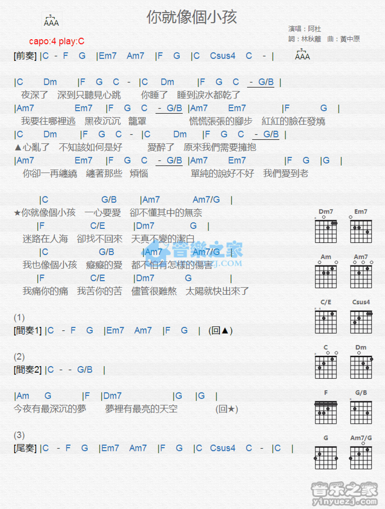 阿杜《你就像个小孩》吉他谱_C调吉他弹唱谱_和弦谱第1张