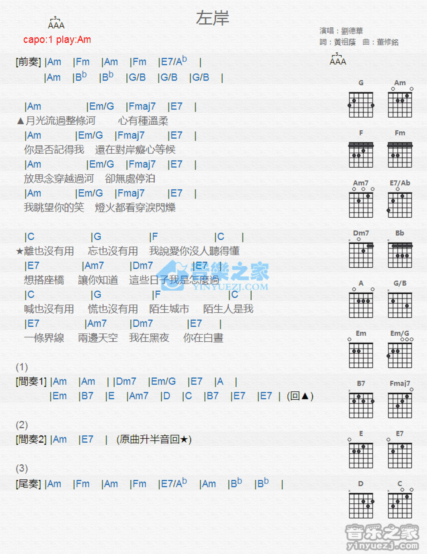 刘德华《左岸》吉他谱_A调吉他弹唱谱_和弦谱第1张