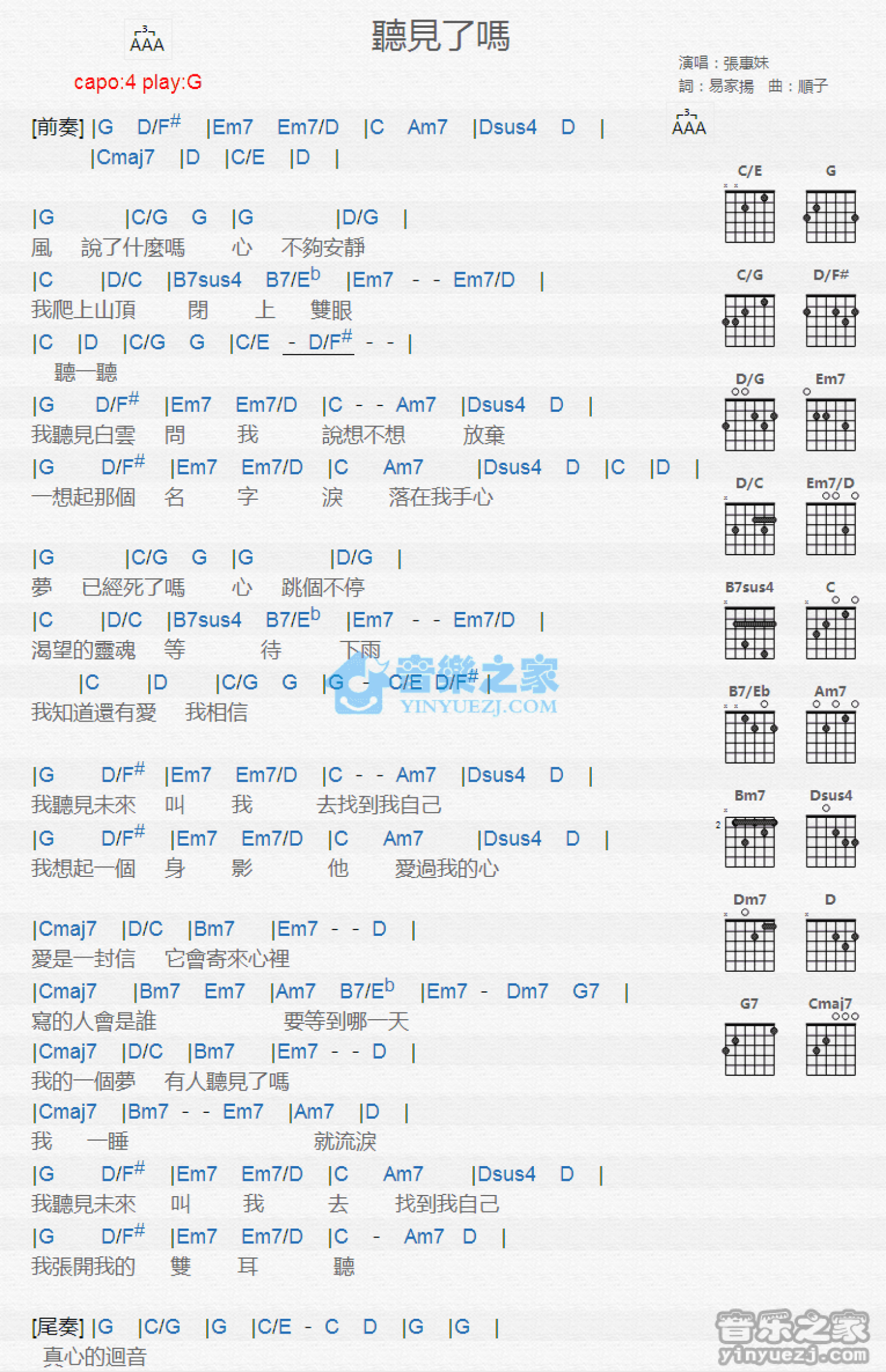 张惠妹《听见了吗》吉他谱_C调吉他弹唱谱_和弦谱第1张