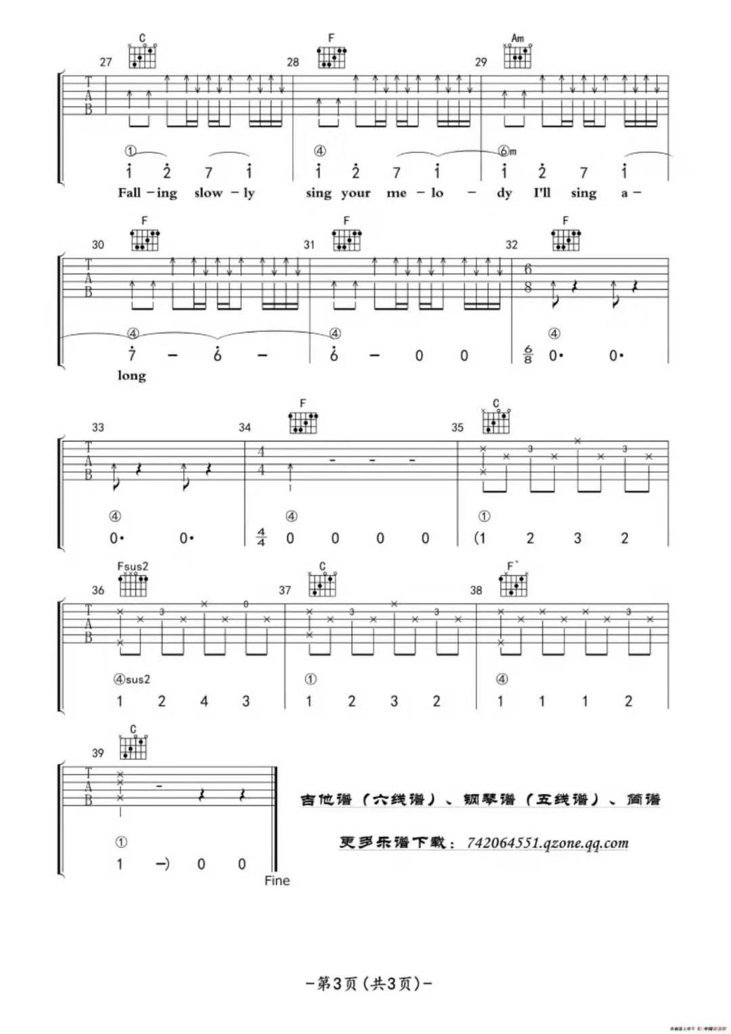 《Falling slowly》吉他谱_C调吉他弹唱谱第3张