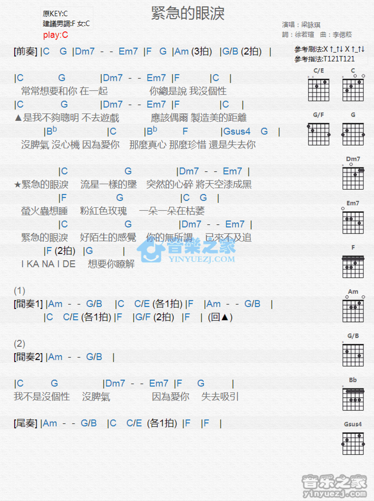 梁咏琪《紧急的眼泪》吉他谱_C调吉他弹唱谱_和弦谱第1张