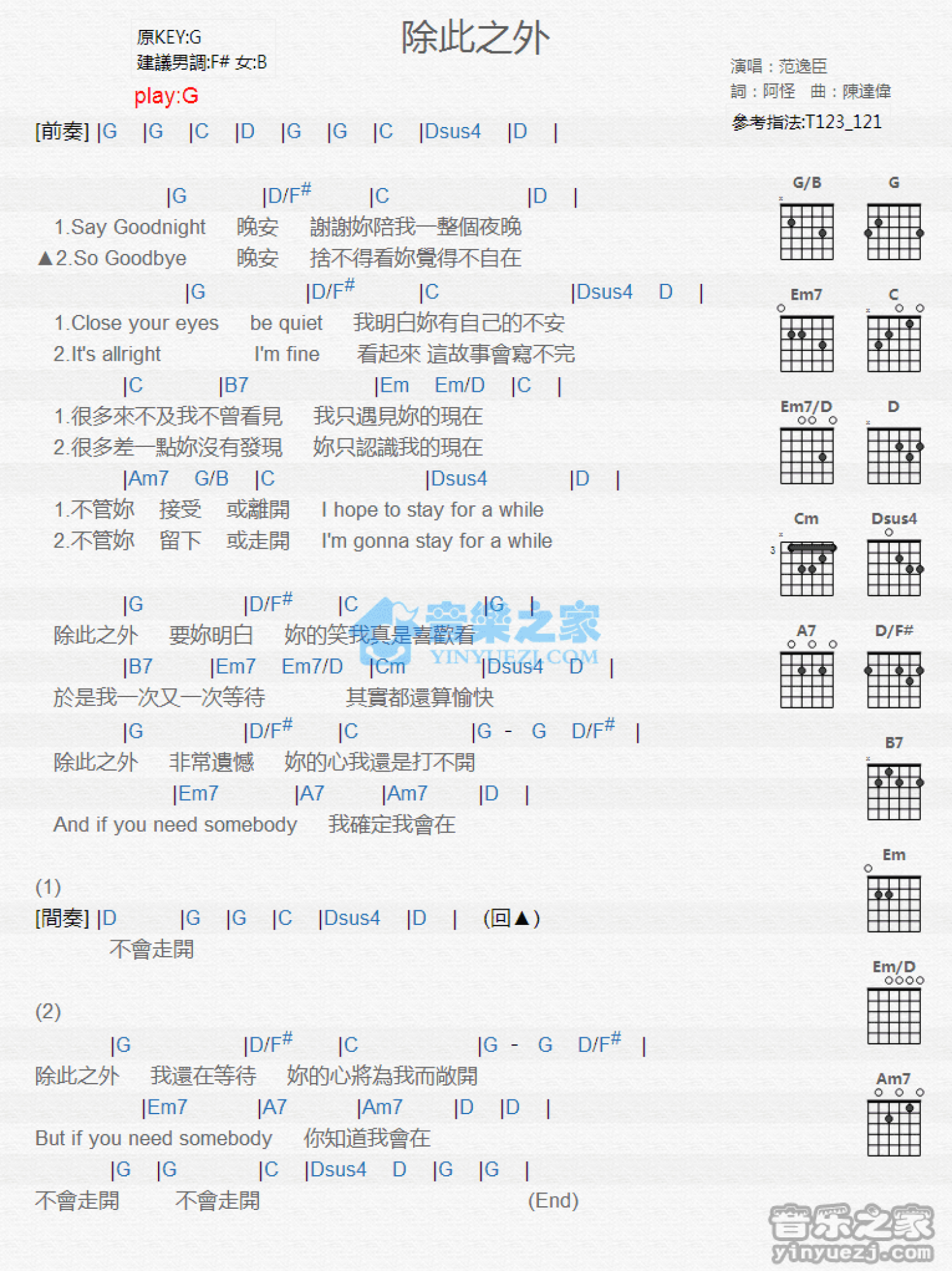 张惠妹《除此之外》吉他谱_G调吉他弹唱谱_和弦谱第1张