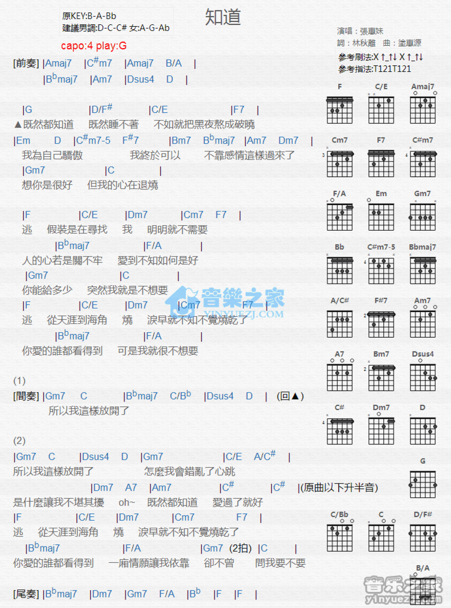 张惠妹《知道》吉他谱_G调吉他弹唱谱_和弦谱第1张