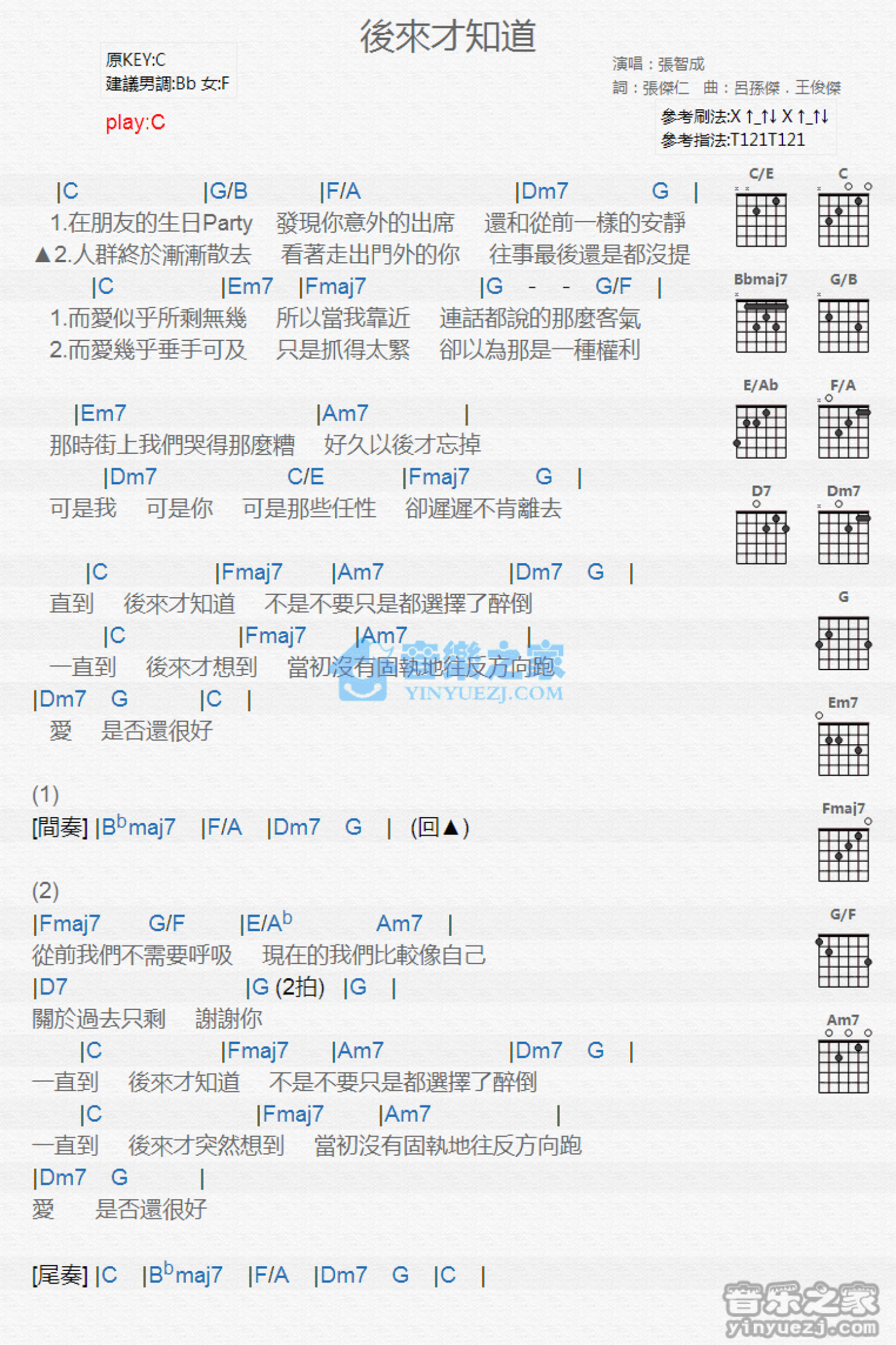 张智成《后来才知道》吉他谱_C调吉他弹唱谱_和弦谱第1张