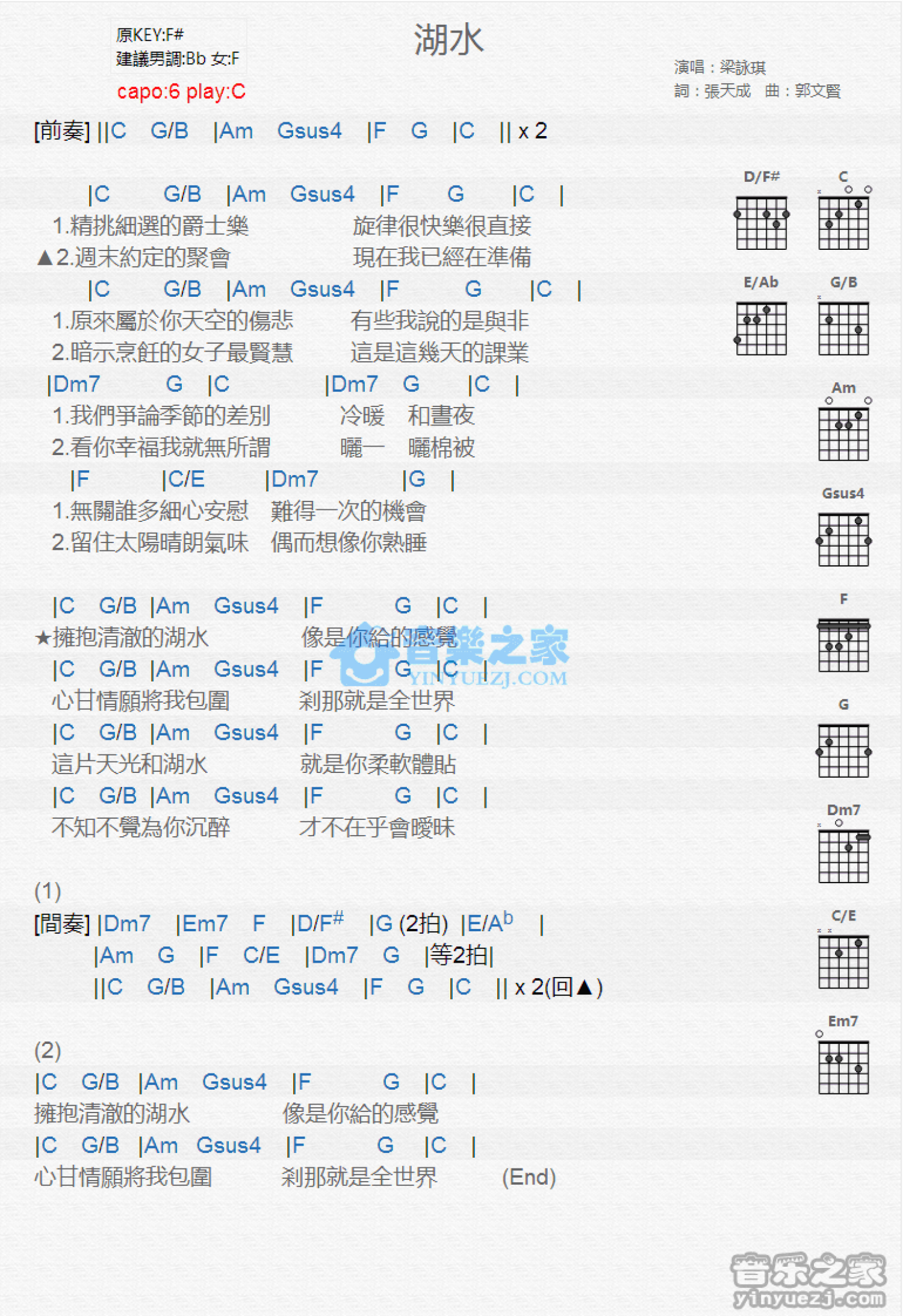 梁咏琪《湖水》吉他谱_C调吉他弹唱谱_和弦谱第1张