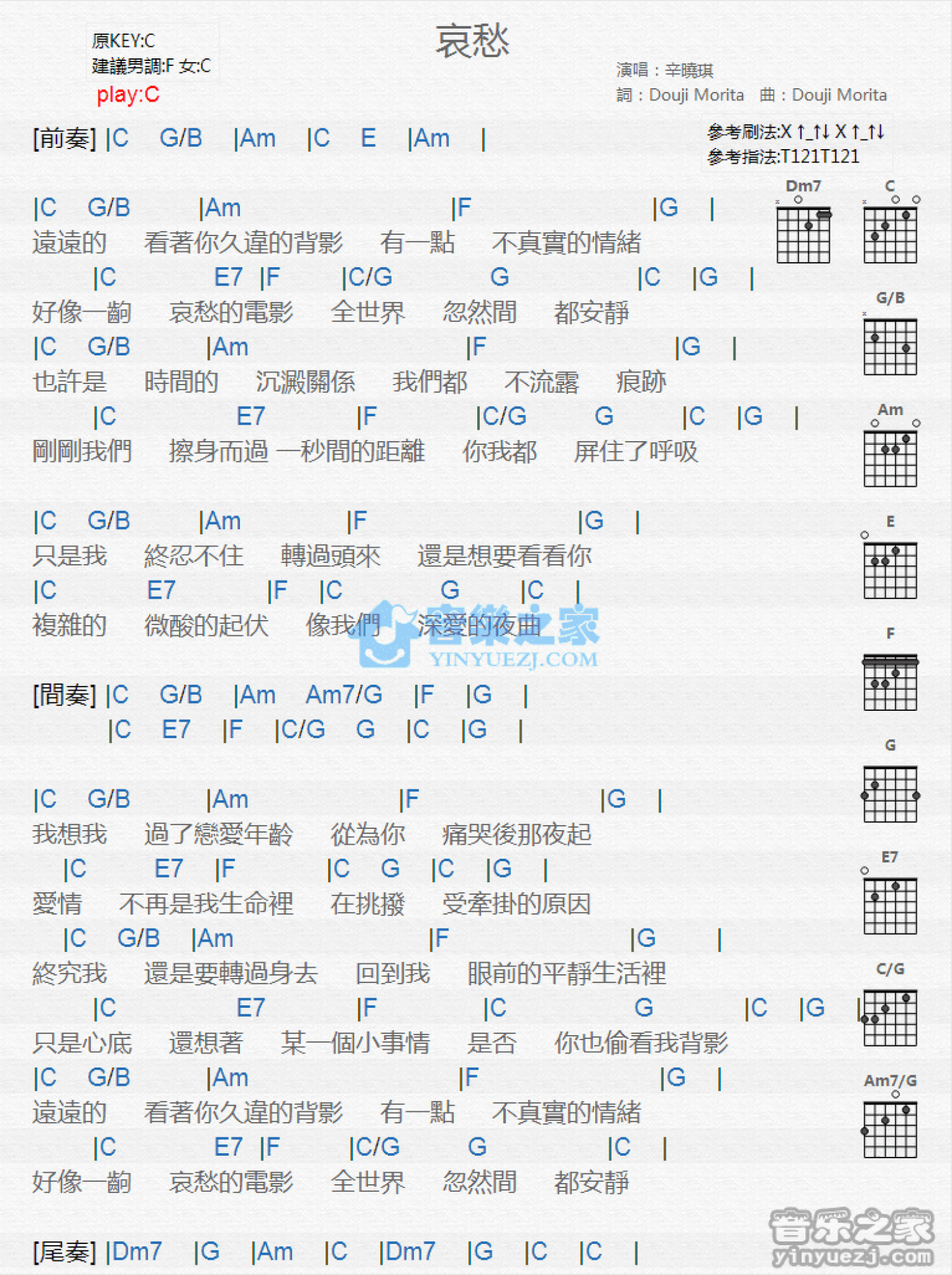 辛晓琪《哀愁》吉他谱_C调吉他弹唱谱_和弦谱第1张