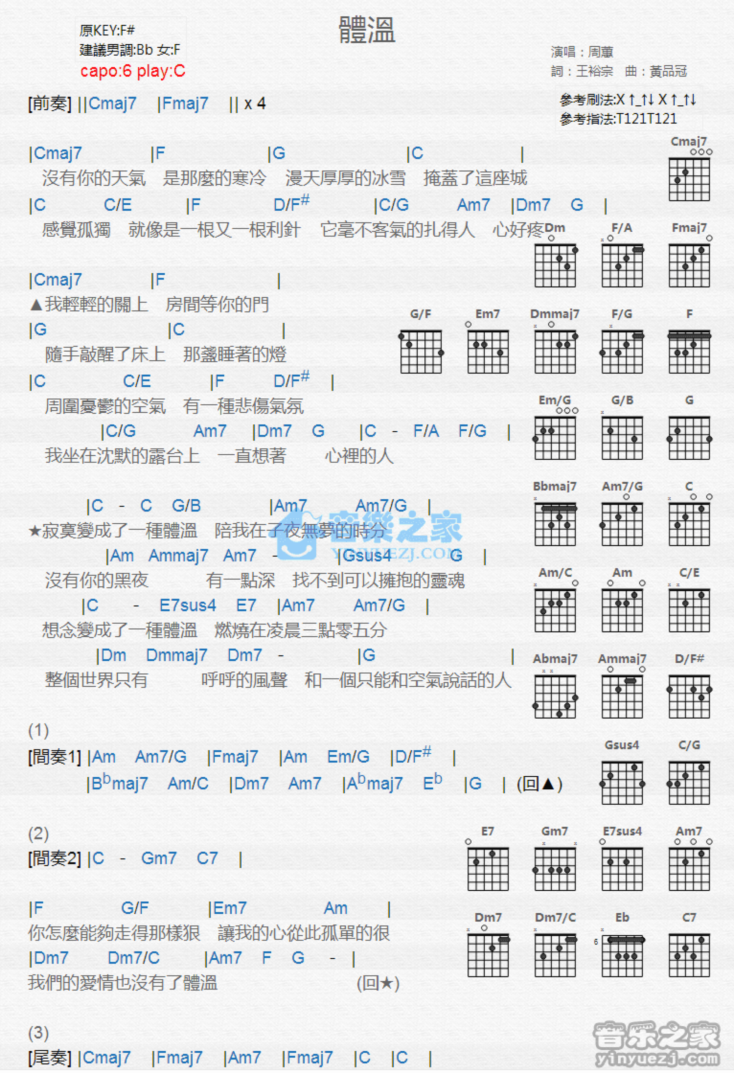 周蕙《体温》吉他谱_C调吉他弹唱谱_和弦谱第1张