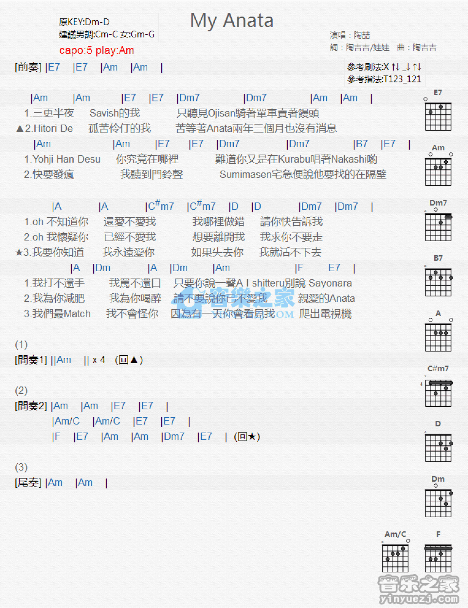 陶喆《My Anata》》吉他谱_C调吉他弹唱谱_和弦谱第1张