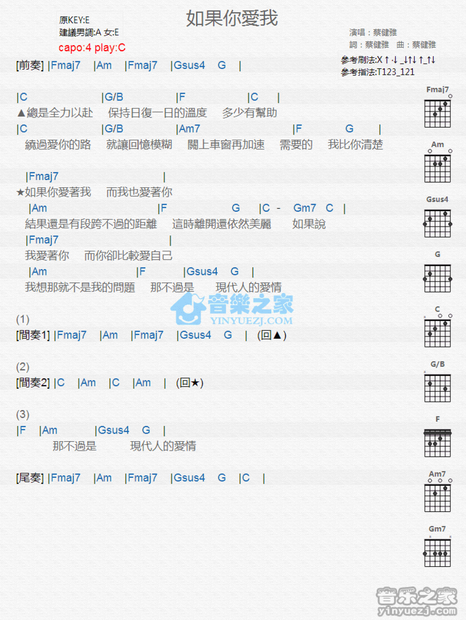 蔡健雅《如果你爱我》吉他谱_C调吉他弹唱谱_和弦谱第1张