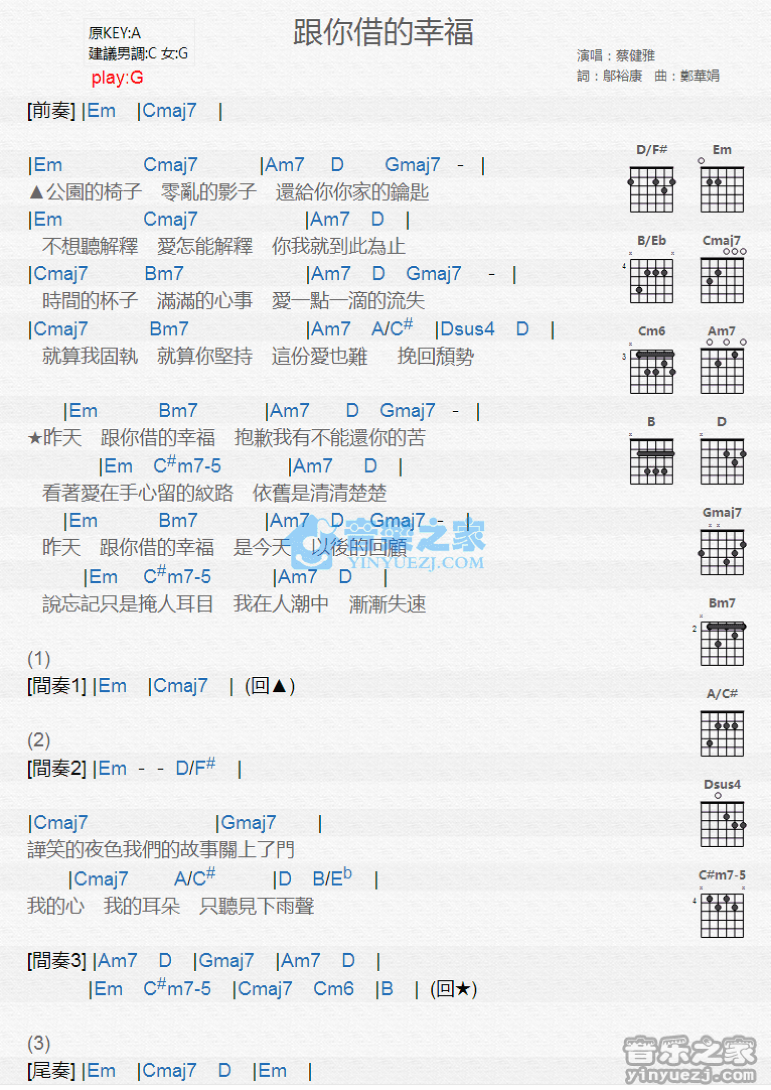 蔡健雅《跟你借的幸福》吉他谱_G调吉他弹唱谱_和弦谱第1张