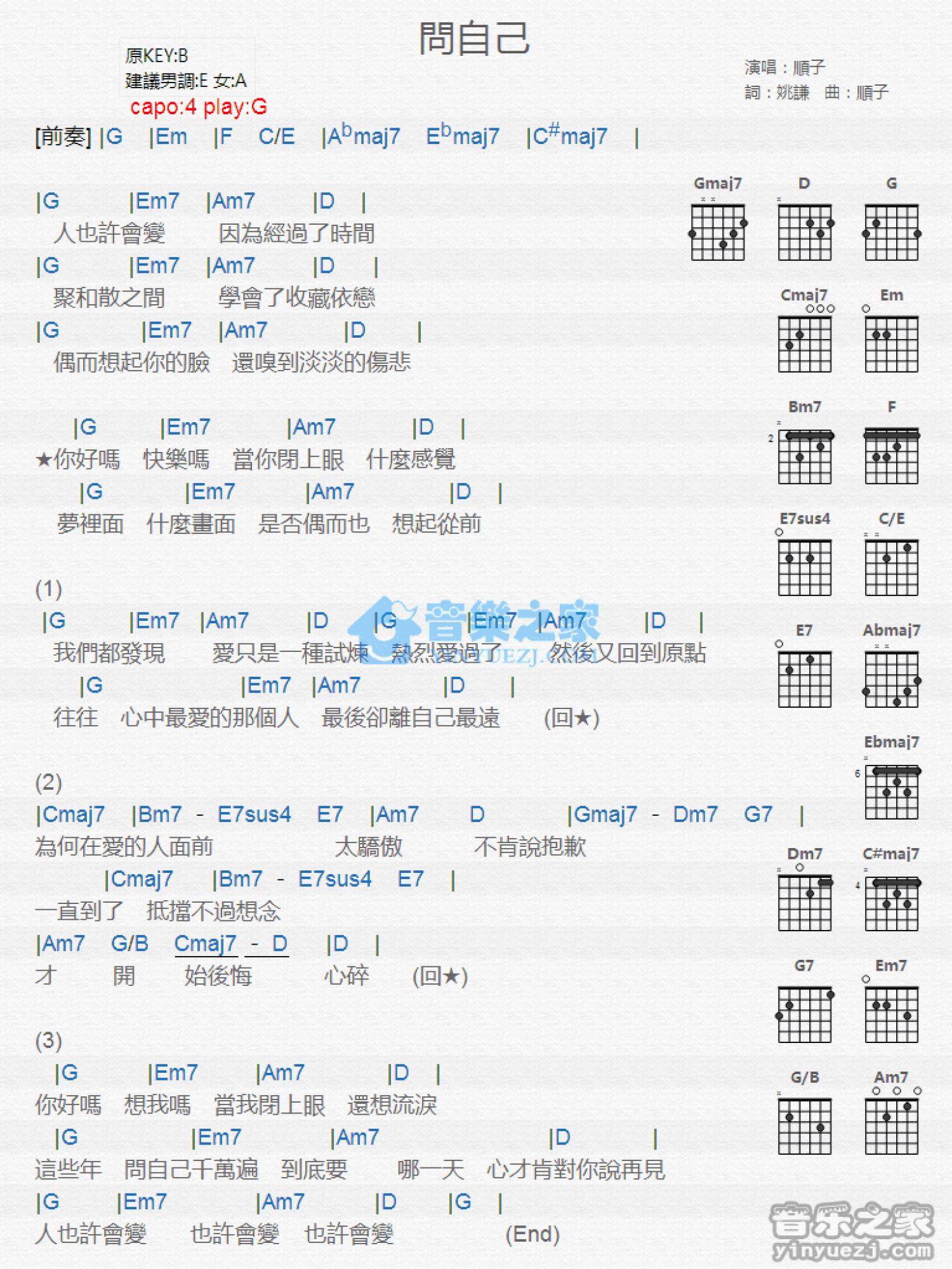 顺子《问自己》吉他谱_G调吉他弹唱谱_和弦谱第1张