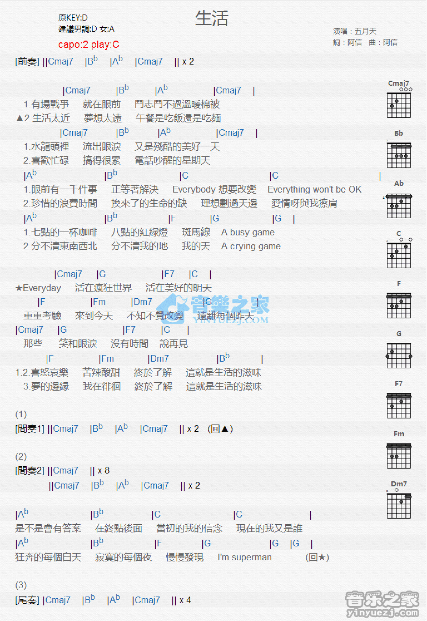 五月天《生活》吉他谱_C调吉他弹唱谱_和弦谱第1张