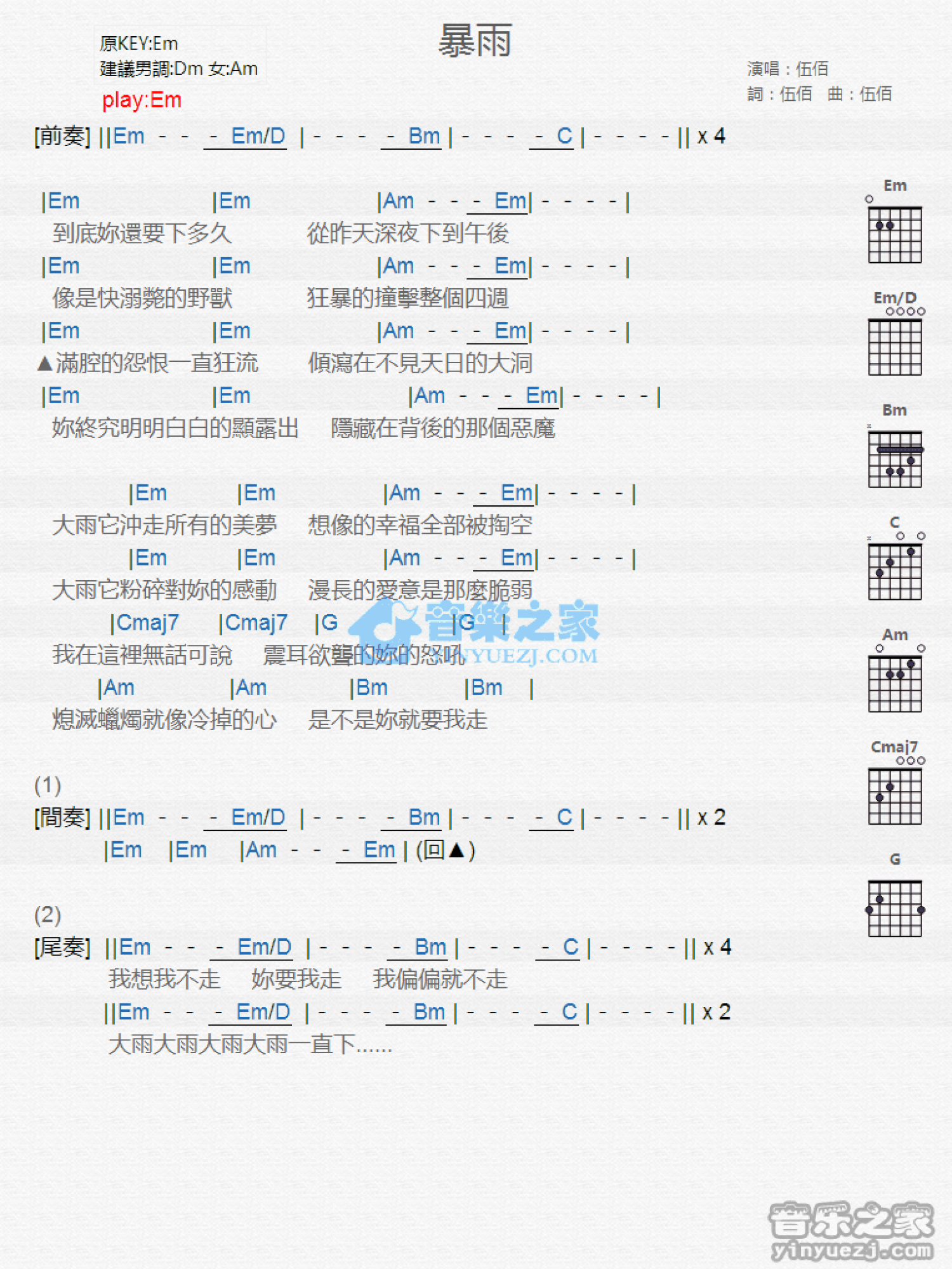 伍佰《暴雨》吉他谱_E调吉他弹唱谱_和弦谱第1张