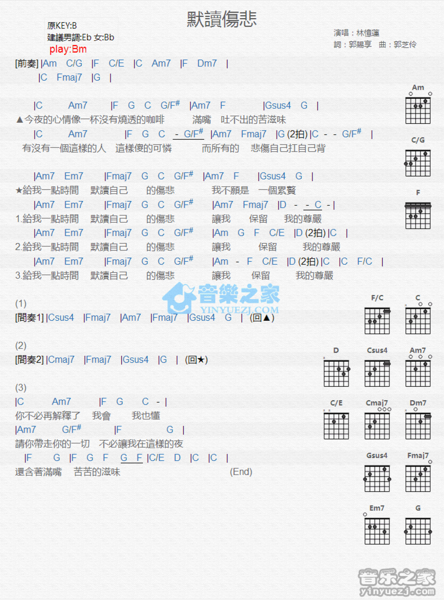 林忆莲《默读伤悲》吉他谱_B调吉他弹唱谱_和弦谱第1张