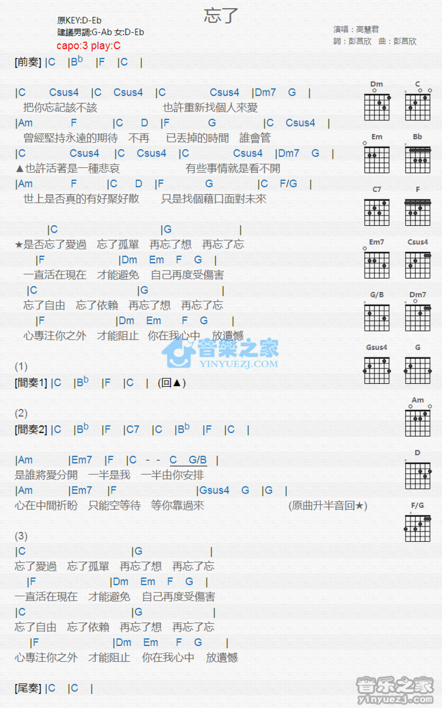 高慧君《忘了》吉他谱_C调吉他弹唱谱_和弦谱第1张