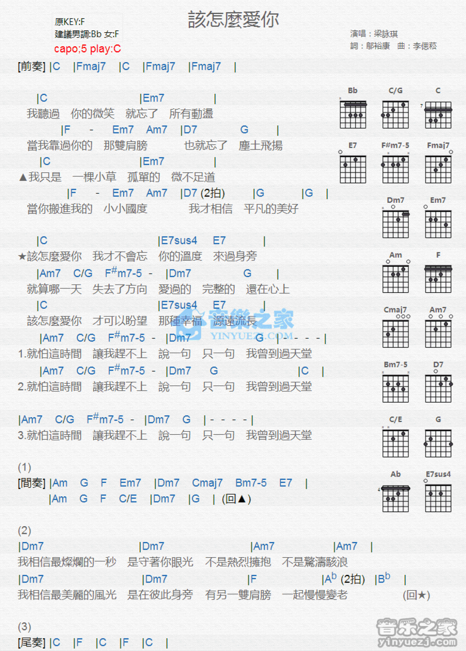 梁咏琪《该怎么爱你》吉他谱_C调吉他弹唱谱_和弦谱第1张