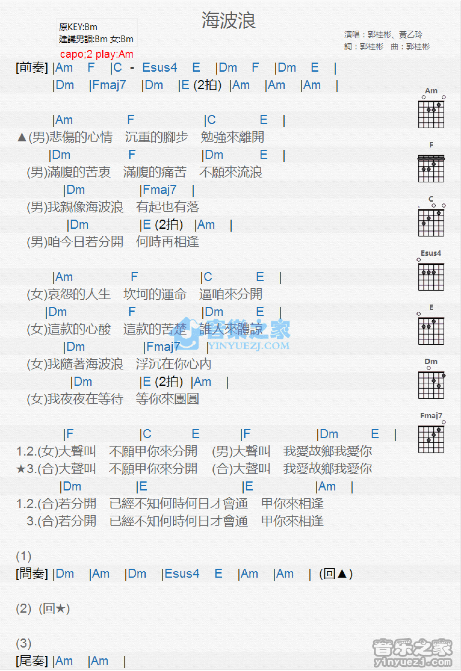 黄乙玲/郭桂彬《海波浪》吉他谱_A调吉他弹唱谱_和弦谱第1张