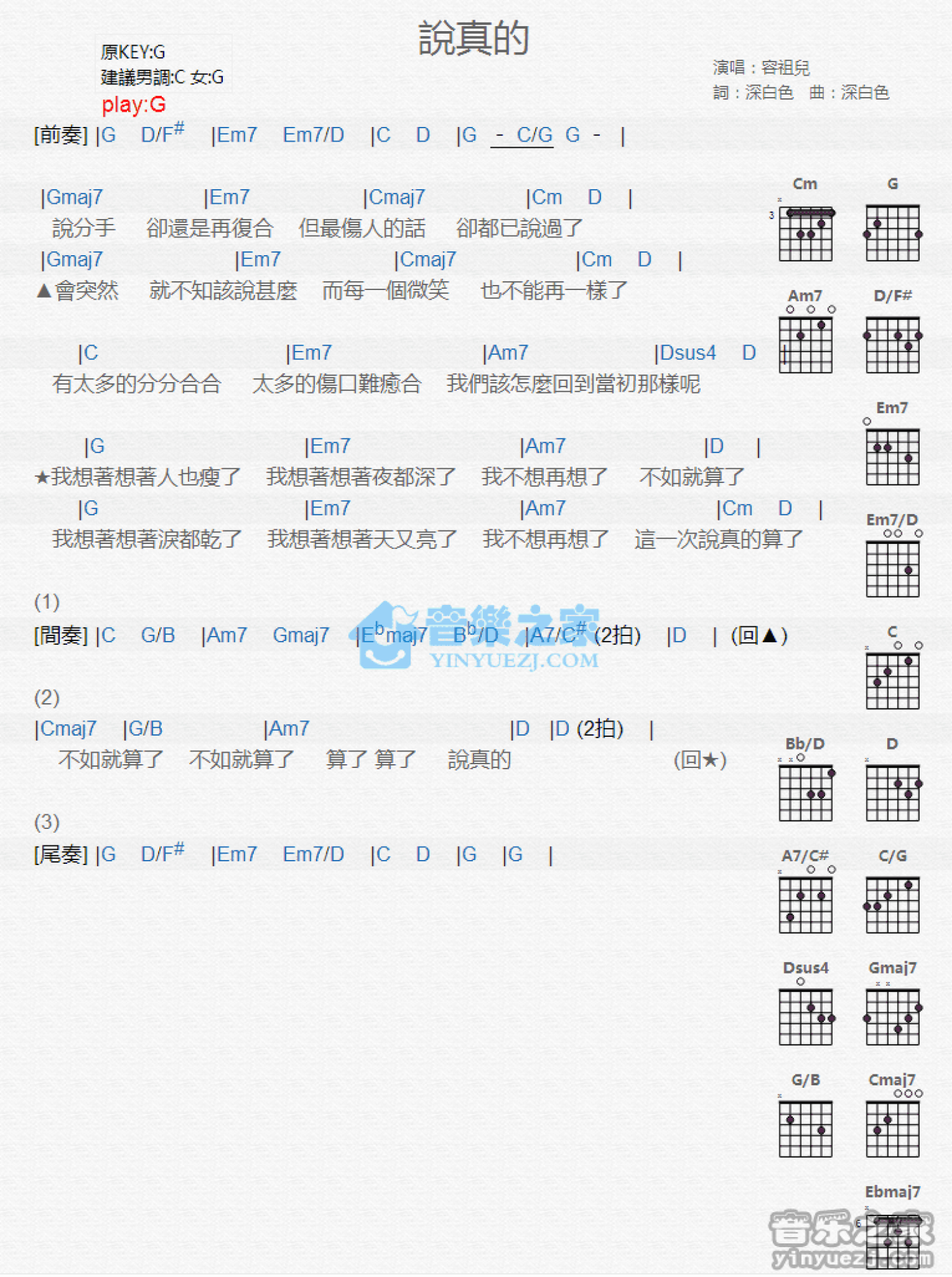 容祖儿《说真的》吉他谱_G调吉他弹唱谱_和弦谱第1张