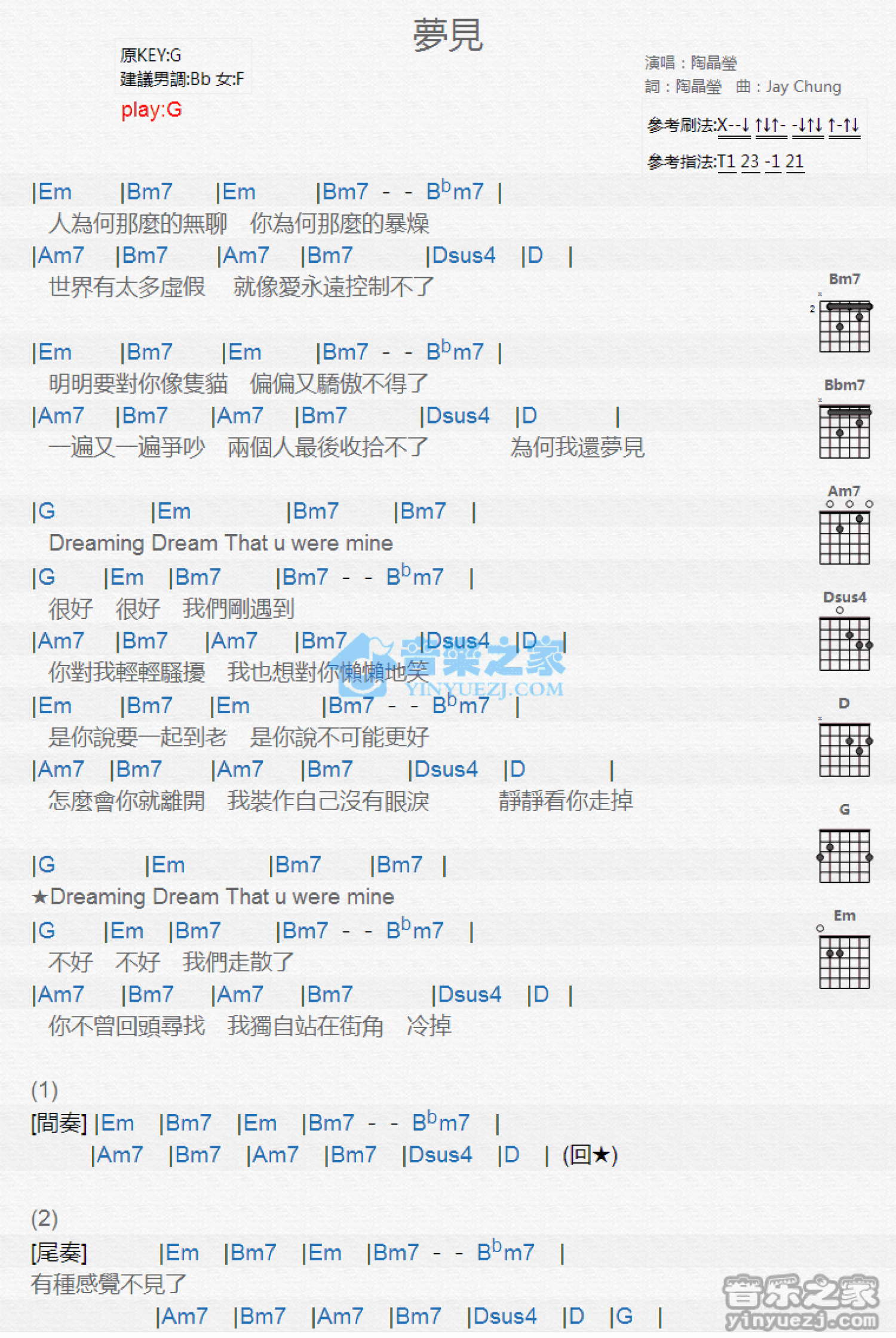 陶晶莹《梦见》吉他谱_G调吉他弹唱谱_和弦谱第1张