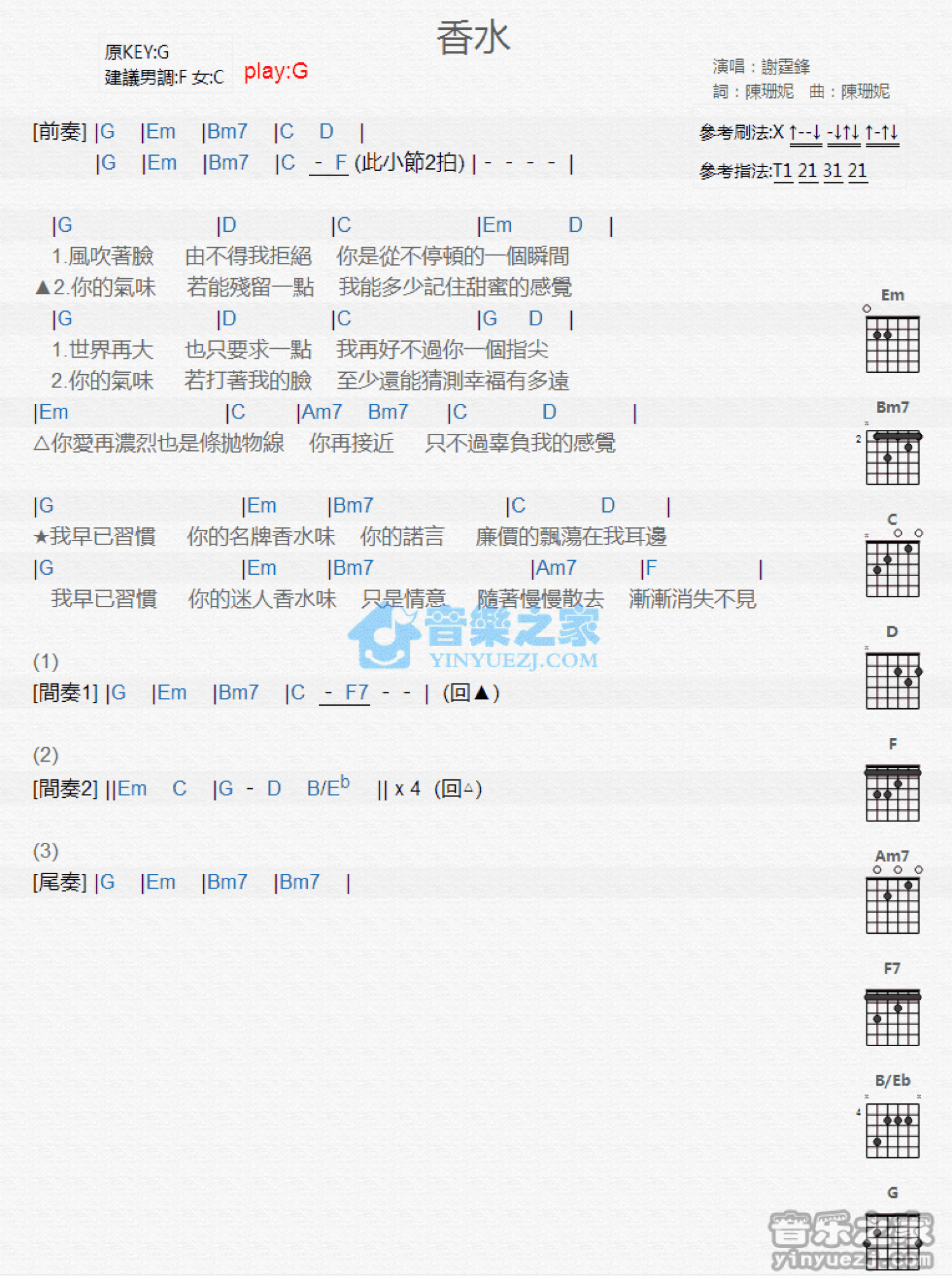 谢霆锋《香水》吉他谱_G调吉他弹唱谱_和弦谱第1张