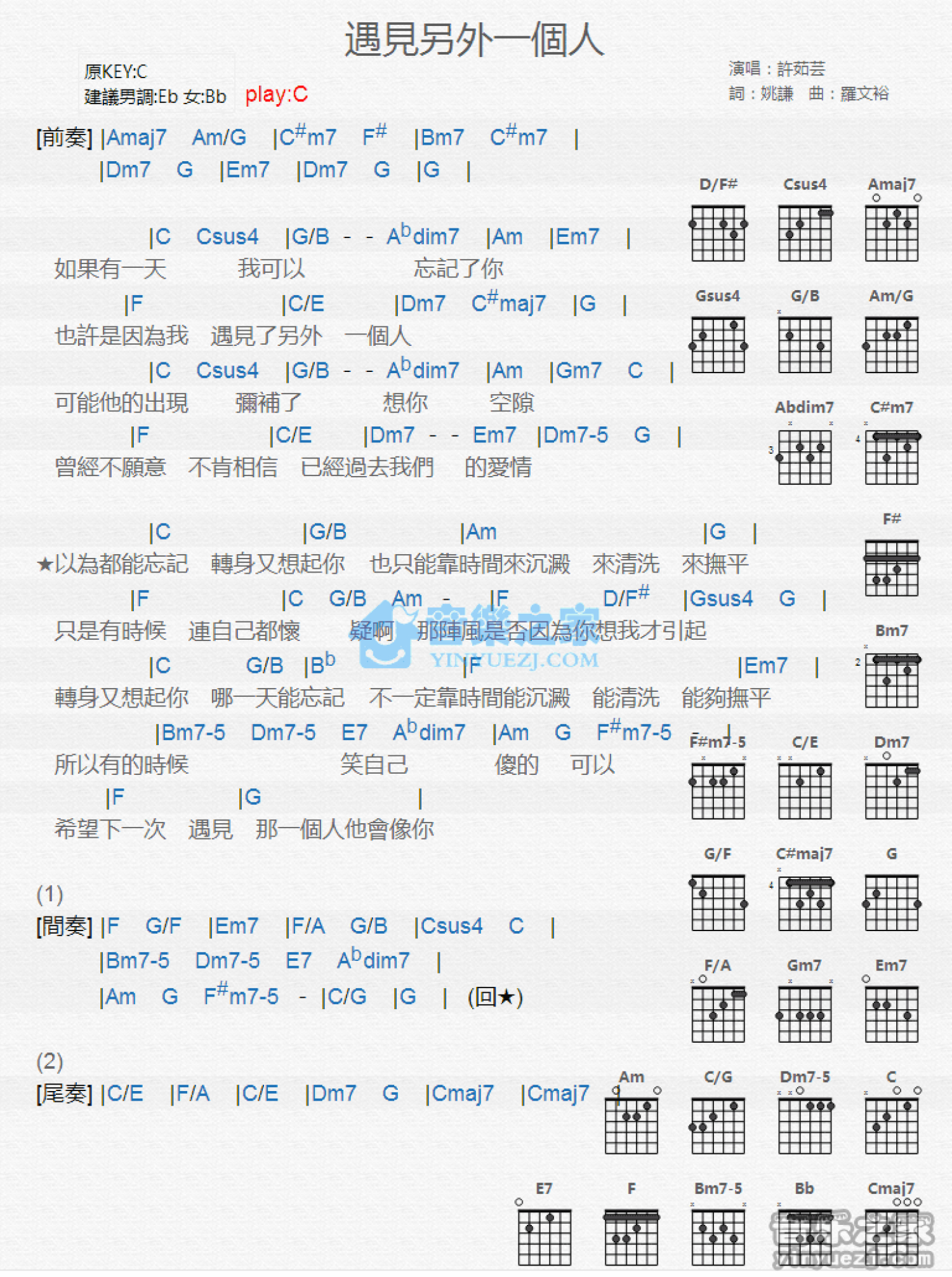 许茹芸《遇见另外一个人》吉他谱_C调吉他弹唱谱_和弦谱第1张