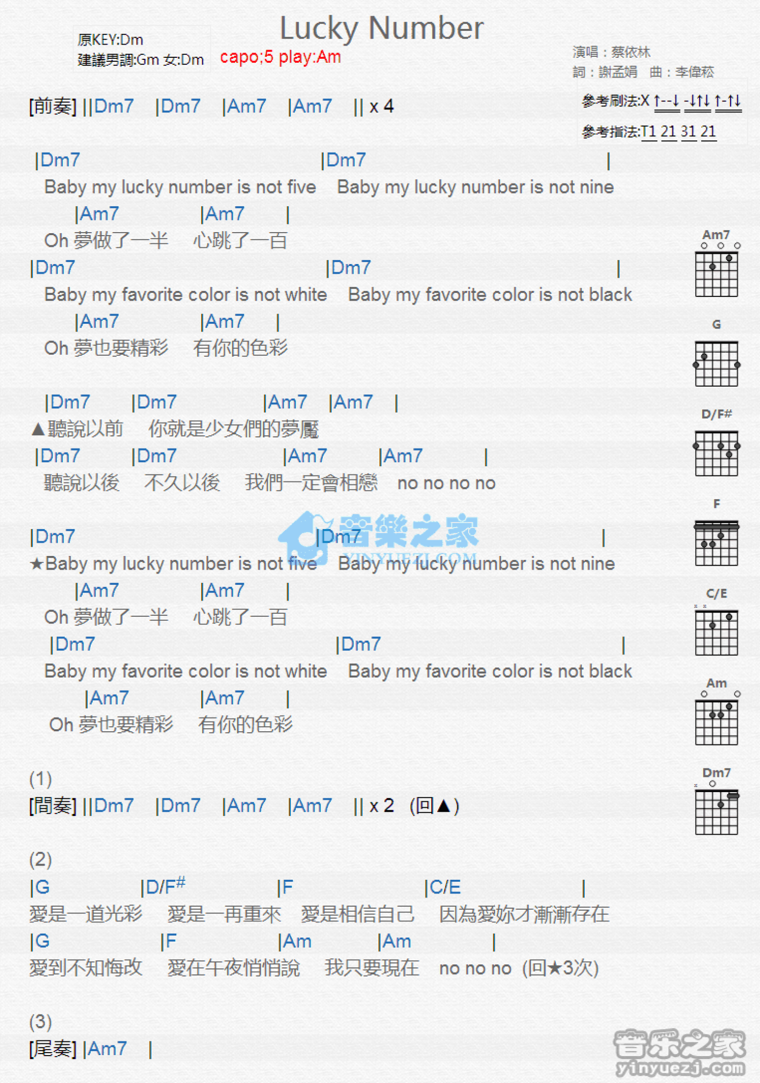 蔡依林《Lucky Nunmber》吉他谱_C调吉他弹唱谱_和弦谱第1张